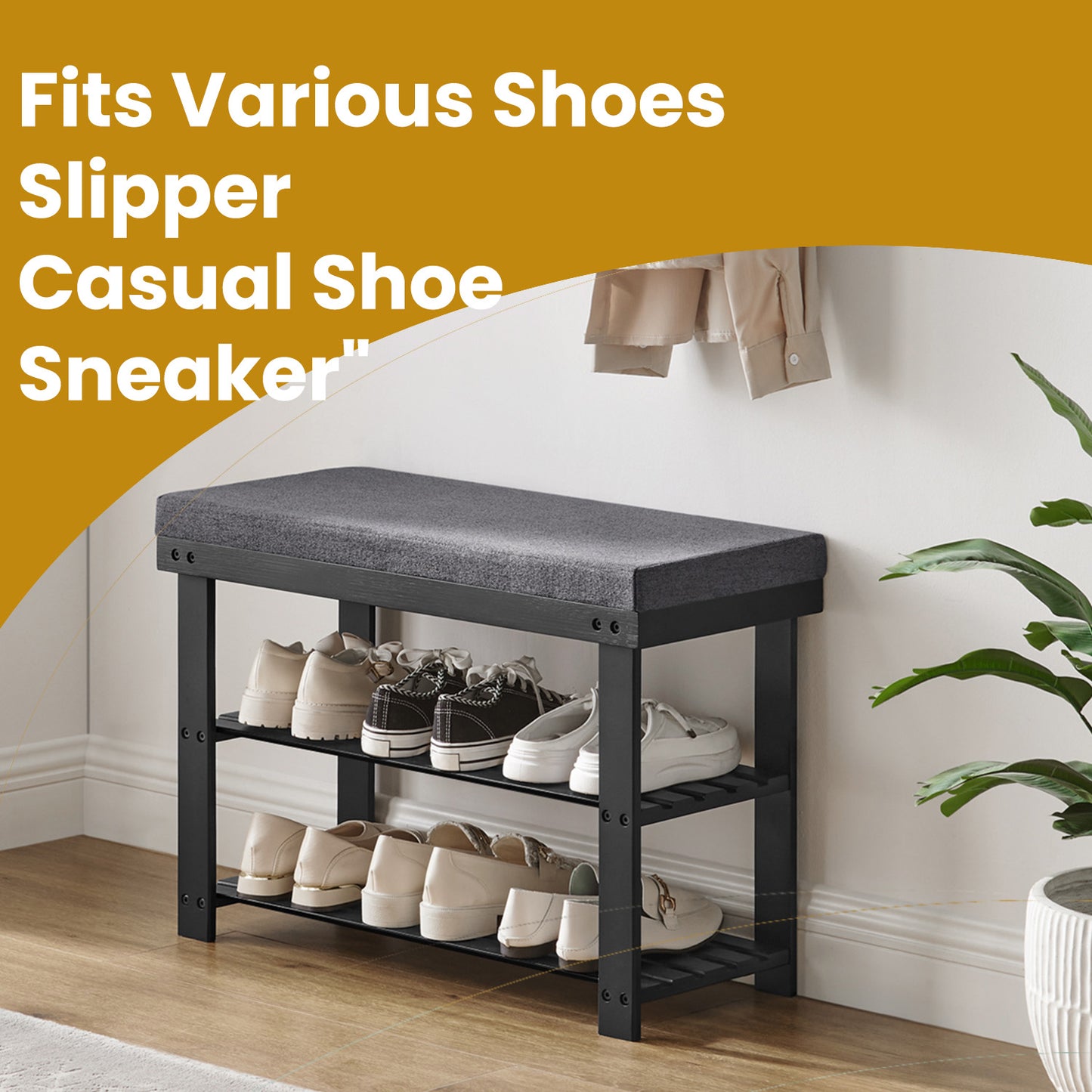 Bamboo Shoe Bench - 3-Tier Shoe Rack Organizer with Padded Seat, 330lb Capacity, Entryway Storage, Black and Gray
