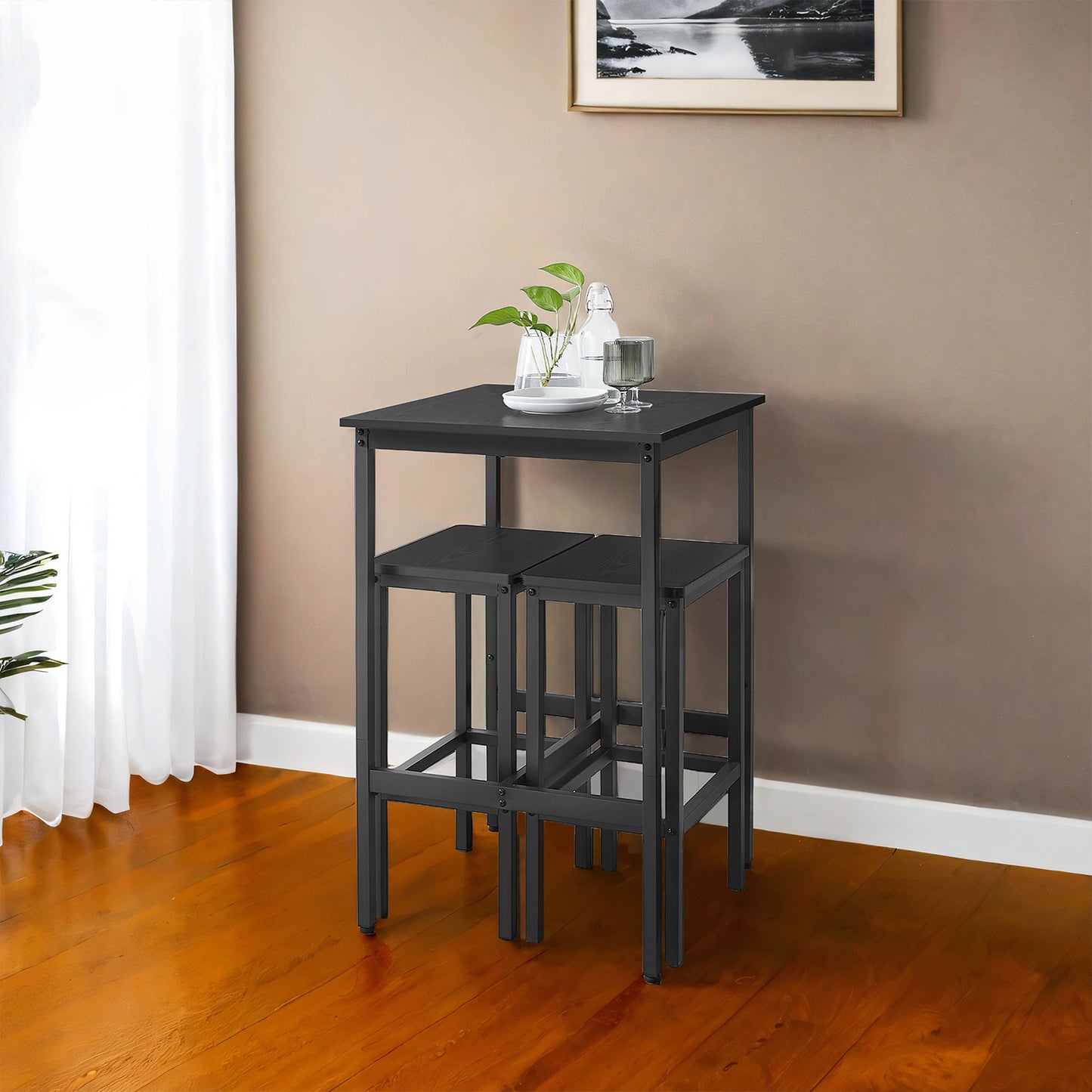 Modern Square Bar Table Set with 2 Stools, Compact 2-Person Dining Pub Height Set for Small Spaces, Ebony & Ink Black