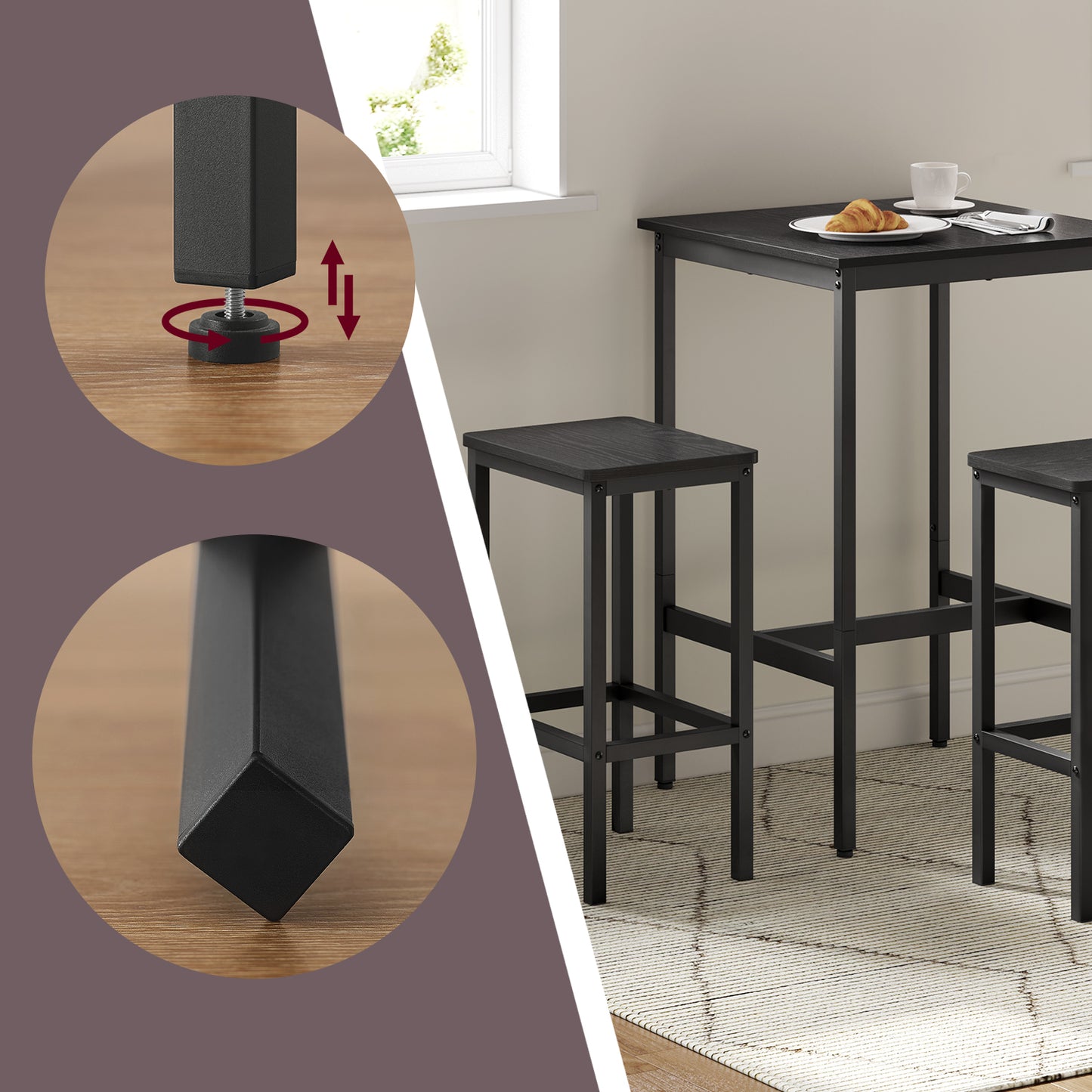 Modern Square Bar Table Set with 2 Stools, Compact 2-Person Dining Pub Height Set for Small Spaces, Ebony & Ink Black