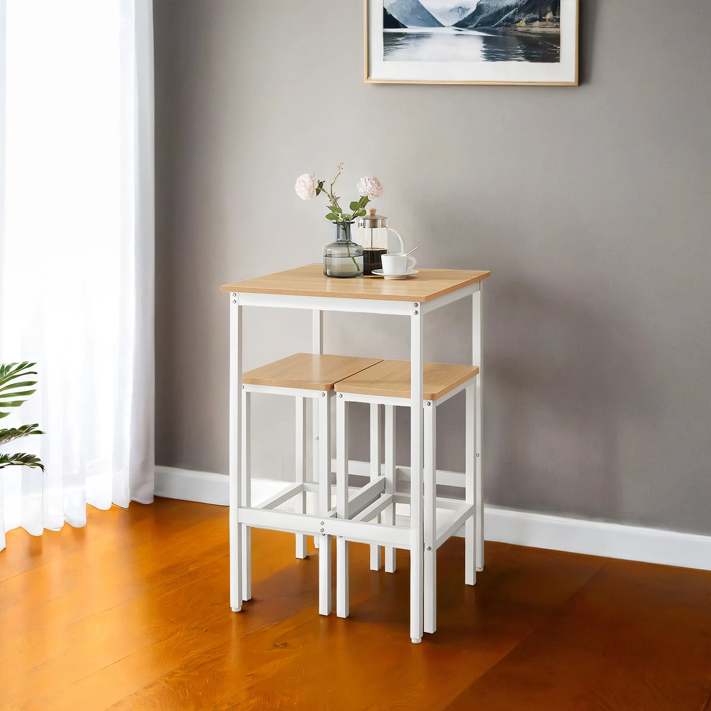 Modern Square Bar Table Set with 2 Stools, Compact 2-Person Dining Pub Set, Sturdy & Space-Saving Design, Golden Oak & Cloud White