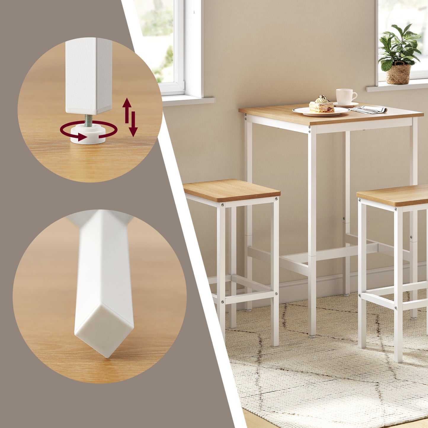 Modern Square Bar Table Set with 2 Stools, Compact 2-Person Dining Pub Set, Sturdy & Space-Saving Design, Golden Oak & Cloud White