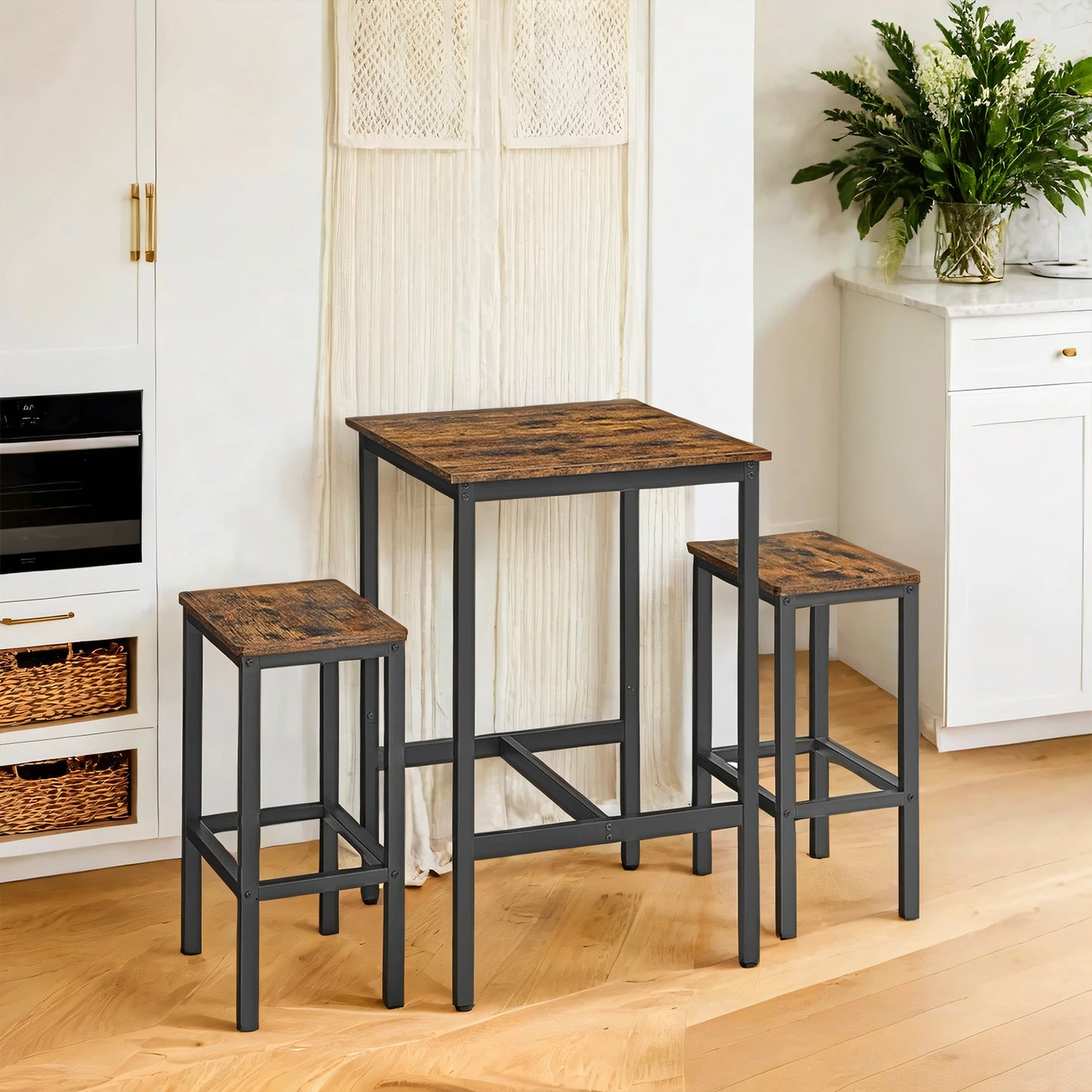 Modern Square Bar Table Set with 2 Stools - Compact Dining Pub Set for Two, Sturdy & Stylish, Black