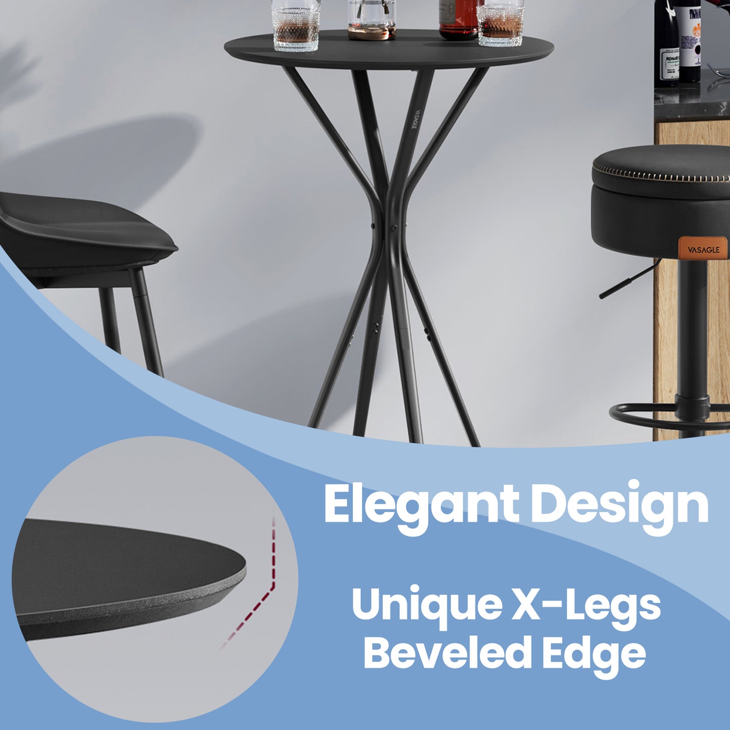 Modern Round Bar Table with X-Shaped Metal Base, 41.3" Height, Multi-Purpose for Home Bar, Kitchen & Events, Easy Assembly, Black