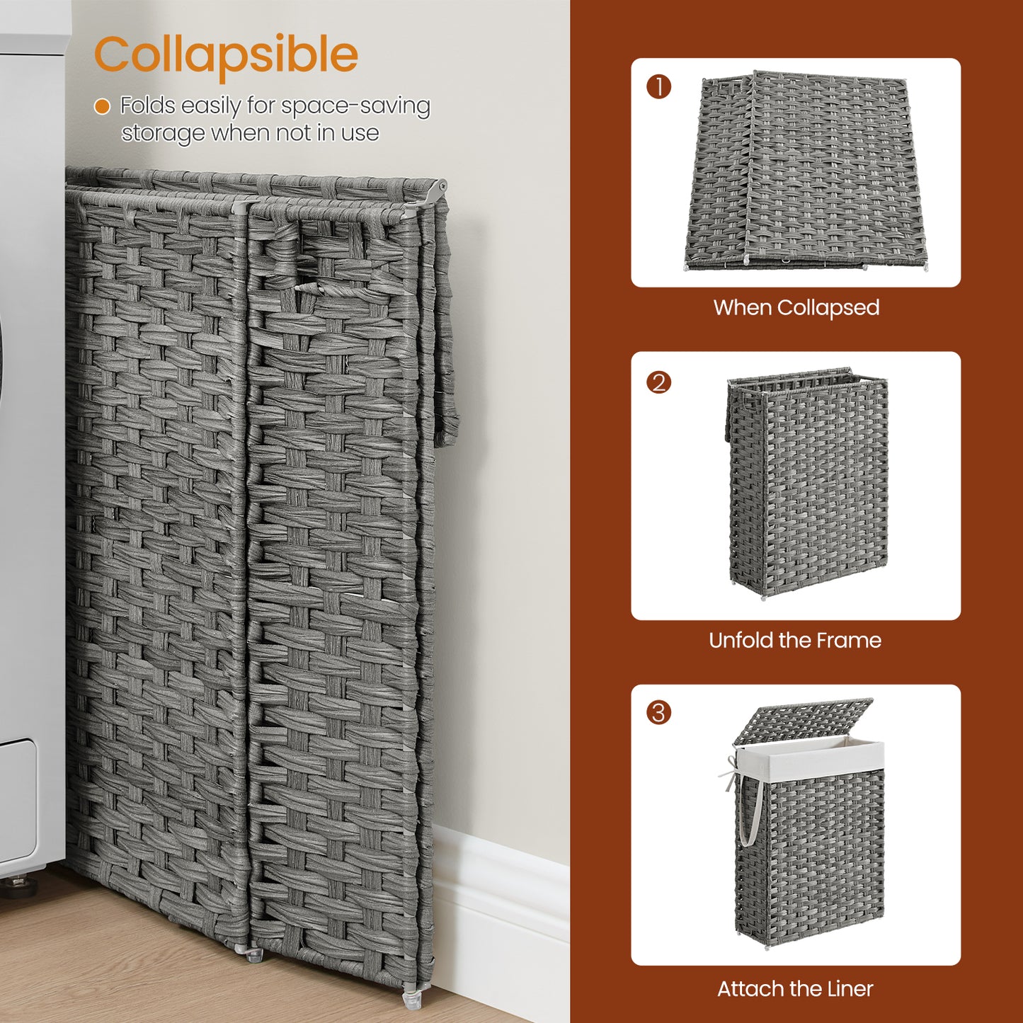 14.5-Gallon Slim Laundry Hamper with Lid, Rattan Clothes Basket with Removable Liner & Handles, Foldable, Space-Saving, Dove Gray