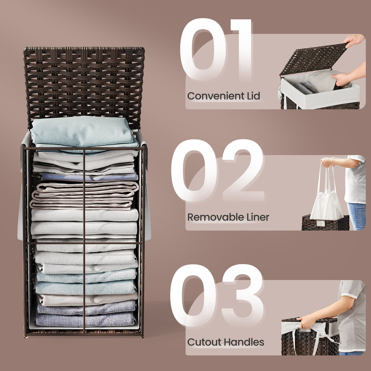 LEDREM Laundry Basket, Foldable Synthetic Rattan Storage Basket with Lid and Handles, Removable Liners, Laundry Room, Brown