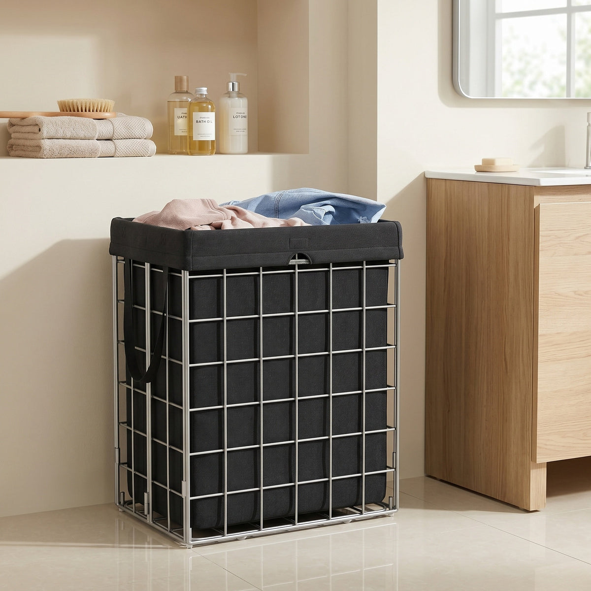 LEDREM Laundry Hamper, Large Collapsible Basket with Removable Washable Liner, 29 Gal., Black and Silver