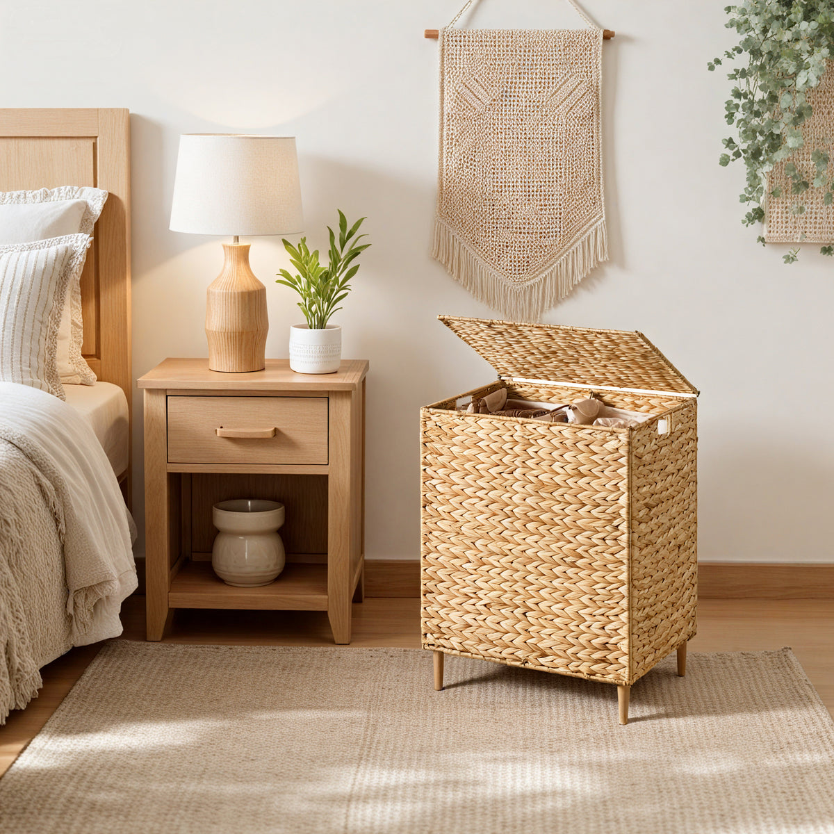 2-Section Handwoven Water Hyacinth Laundry Hamper with Lid, 34.3 Gal Wicker Basket, Removable Washable Liners, Natural