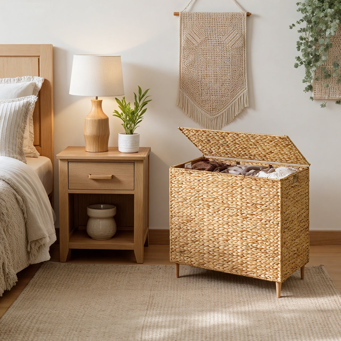 3-Section Handwoven Water Hyacinth Laundry Hamper with Lid, 47.5 Gal Wicker Basket, Removable Washable Liners, Natural