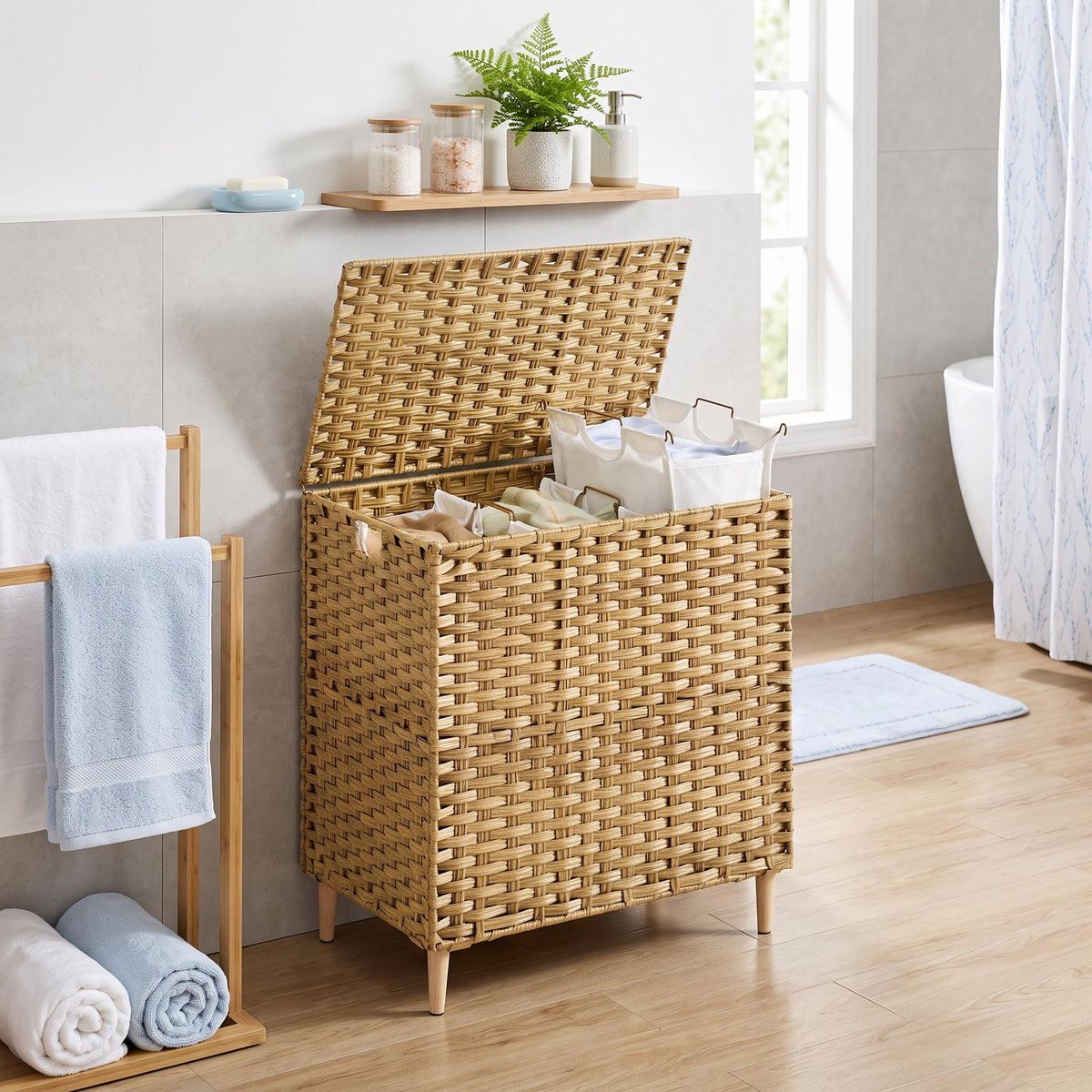 LEDREM Laundry Hamper with Lid, 4-Section PE Rattan Basket, 55.4 Gal., 26 x 15.7 x 27.6 Inches, Yellow and White