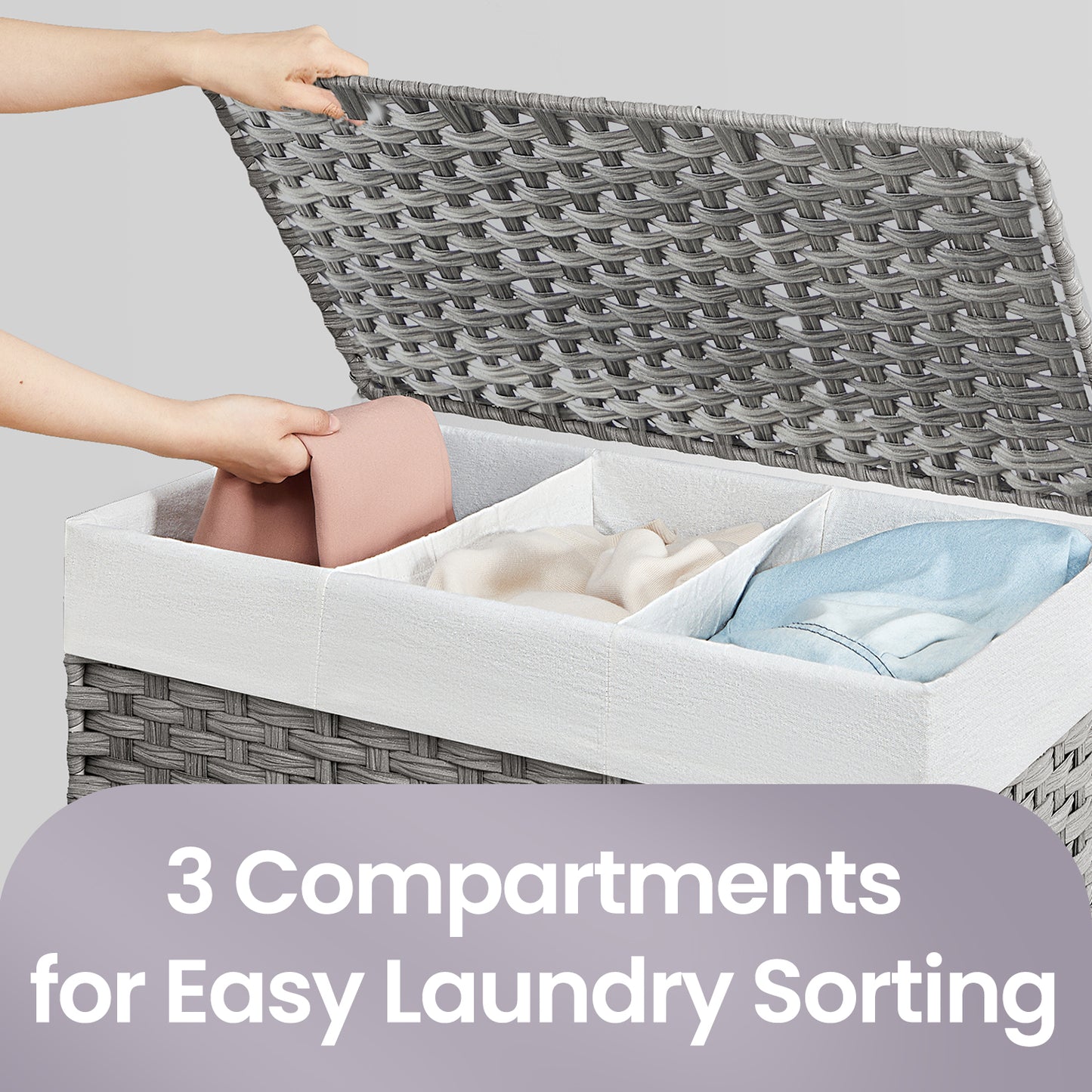 Rolling Laundry Hamper with Lid, 3-Section Divider, Large 42.3-Gallon Capacity, Removable Liner, Wheels & Handle, Bedroom Organizer, Gray