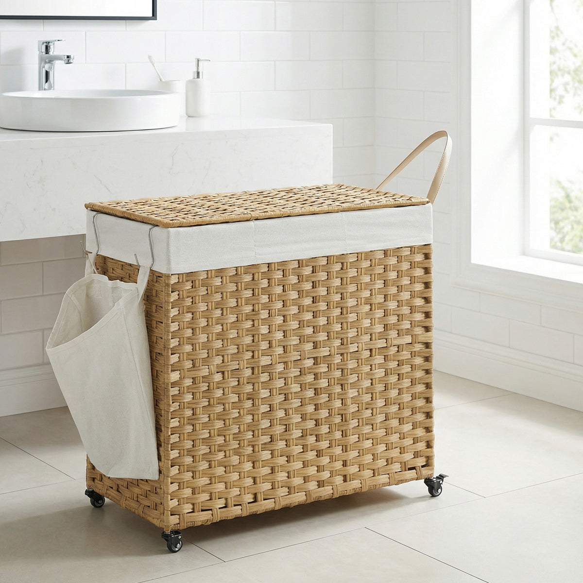 LEDREM 3 Section Laundry Hamper with Lid, Rolling Wicker Laundry Basket, 42.3 Gal., 29.9 x 13 x 26 Inches, Natural
