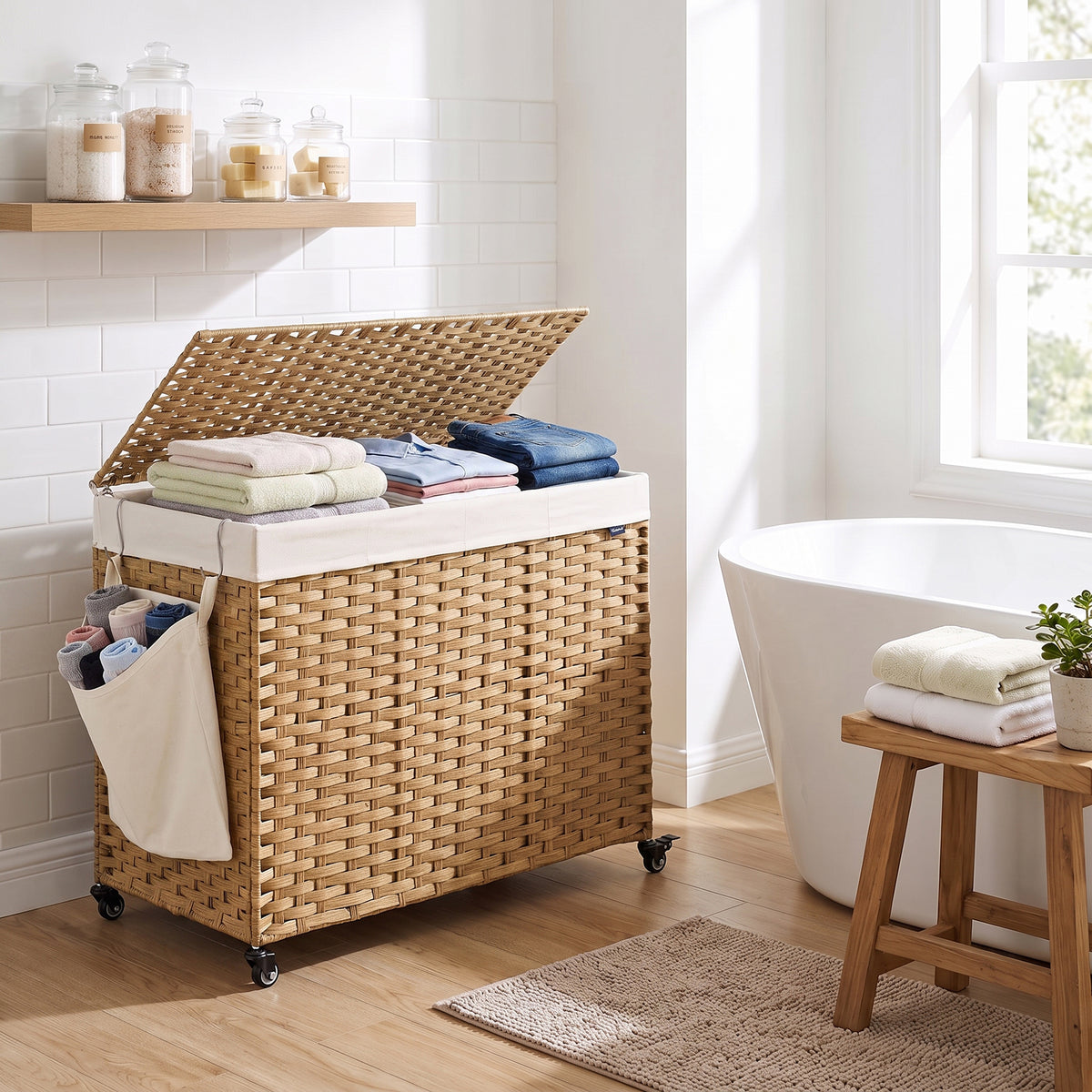 LEDREM 4-Section Rolling Laundry Basket with Lid and Wheels, 55.5 Gallons (210 L), 33.9 x 15.7 x 26 Inches, Goose Yellow and Cream White