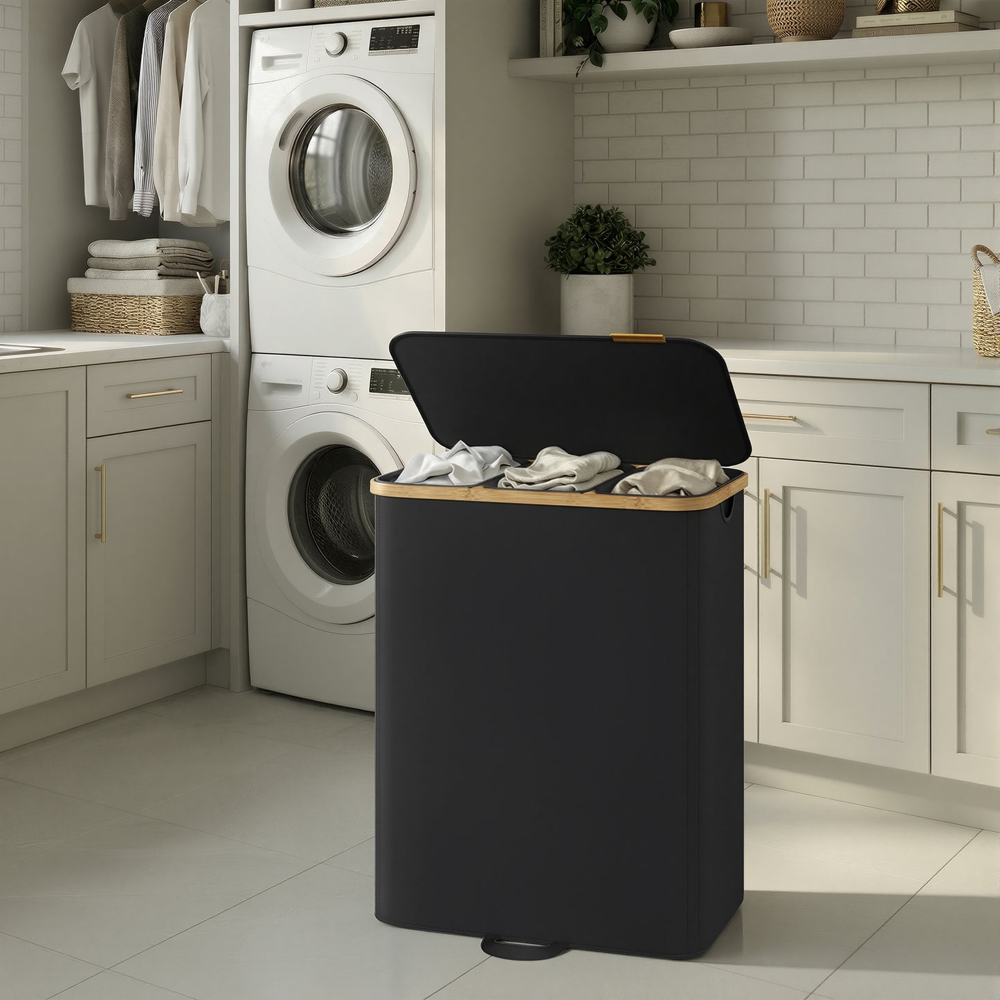 Laundry Hamper with Lid, 3-Section Sorter Basket, Removable Liners, Bamboo Frame, 44.9 Gal Storage for Bedroom, Ink Black