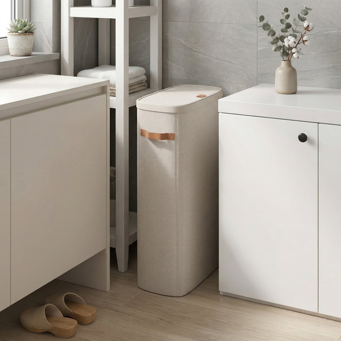 Dual-Compartment Laundry Basket with Lid, Handles and Removable Liners, Easy-Assembly Laundry Hamper, Beige