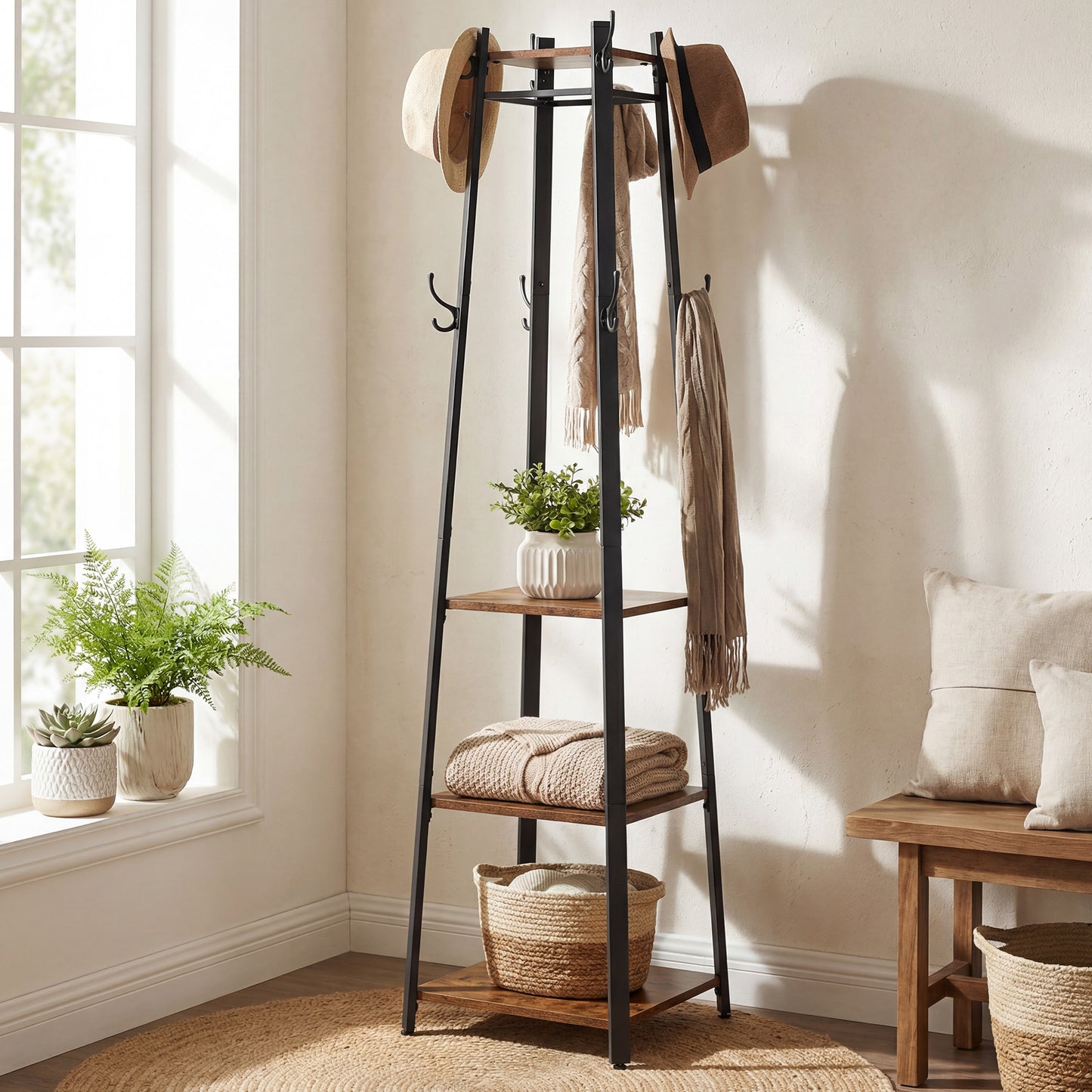 Coat Rack, Coat Stand with 4 Shelves, Hall Tree Free Standing with Hooks, Steel Frame, for Entryway, Living Room, Rustic Brown and Matte Black