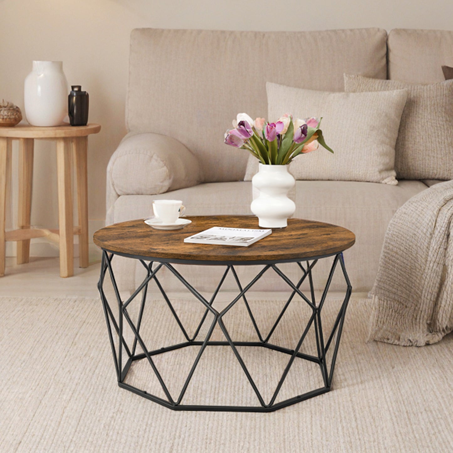 Industrial Round Coffee Table with Storage, 31.5" Diameter Cage Design Cocktail Table, Living Room Center Table, Rustic Brown and Black