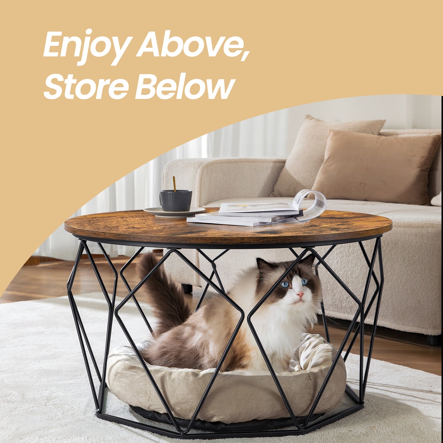 Industrial Round Coffee Table with Storage, 31.5" Diameter Cage Design Cocktail Table, Living Room Center Table, Rustic Brown and Black