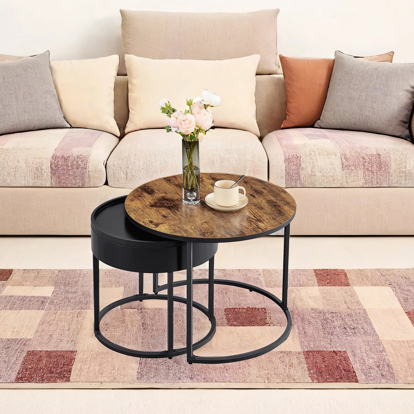 Round Nesting Coffee Tables, Set of 2 Modern Side Tables with Hidden Storage and Top Tray, Living Room, Bedroom, Office, Rustic Brown