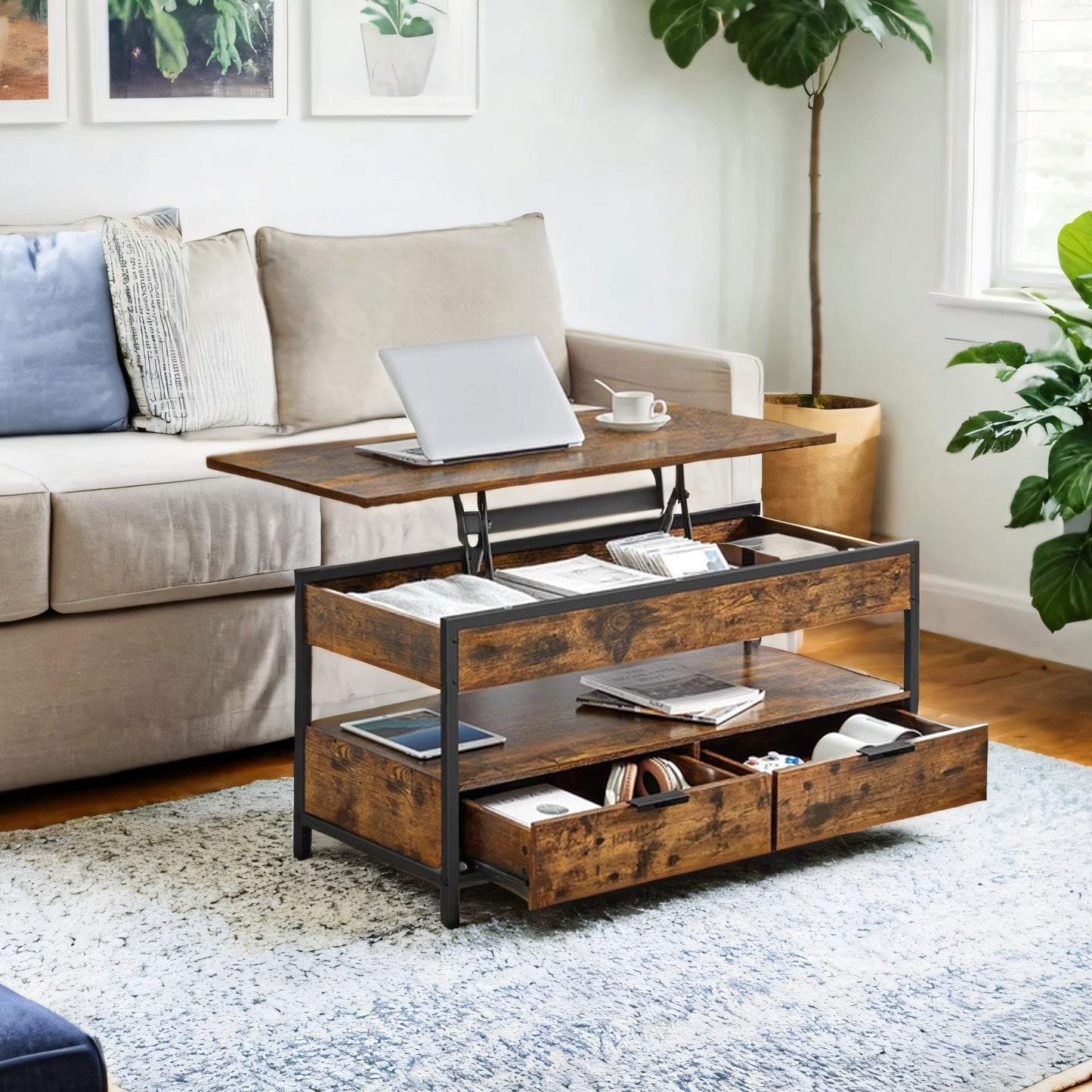 Lift-Top Coffee Table with Storage Drawers, Adjustable Height Table with 3 Hidden Compartments & 2 Drawers, Rustic Brown & Ink Black
