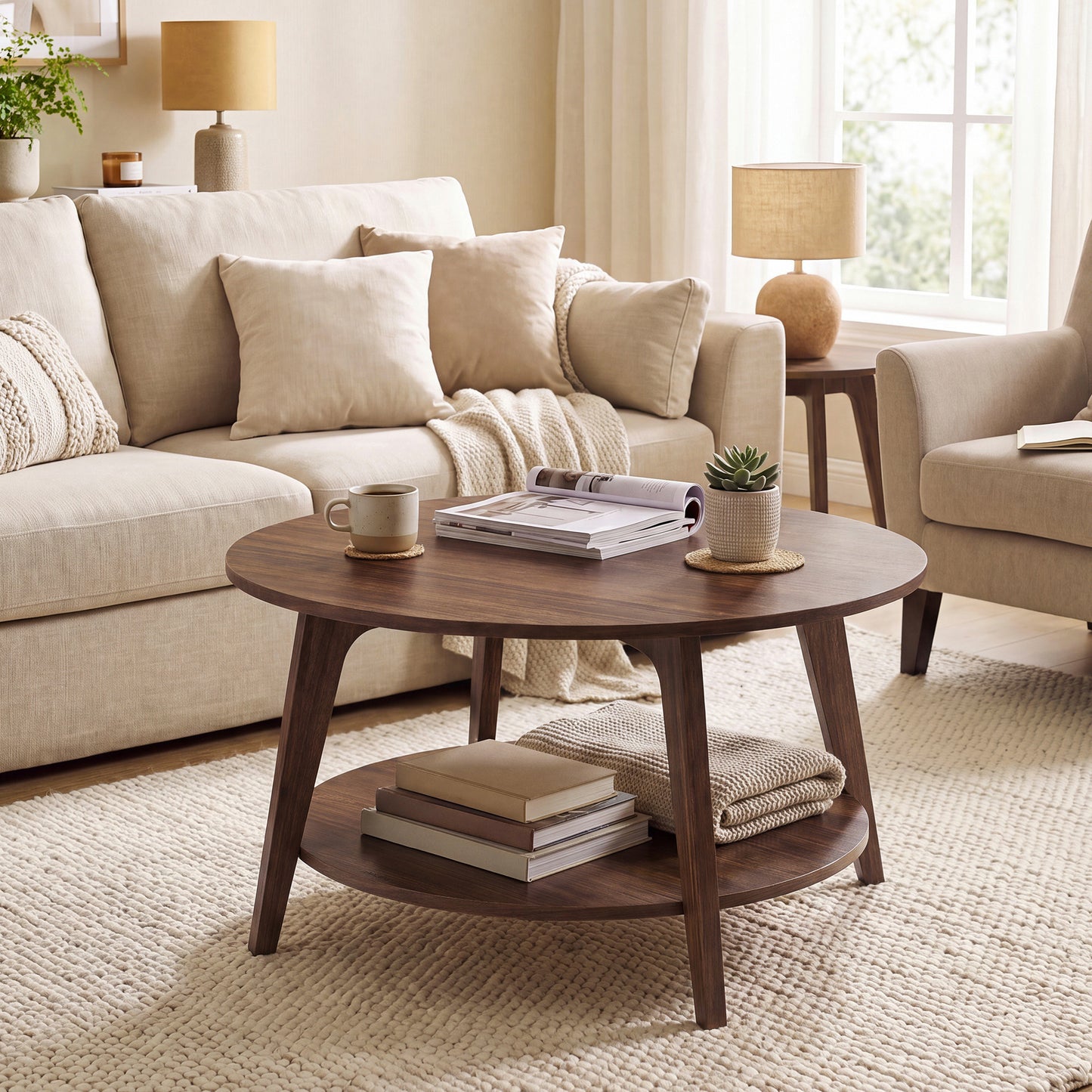 Round Coffee Table, 2-Tier Modern Center Table with Storage, 31.5 x 31.5 x 17.7 Inches, Chestnut Walnut