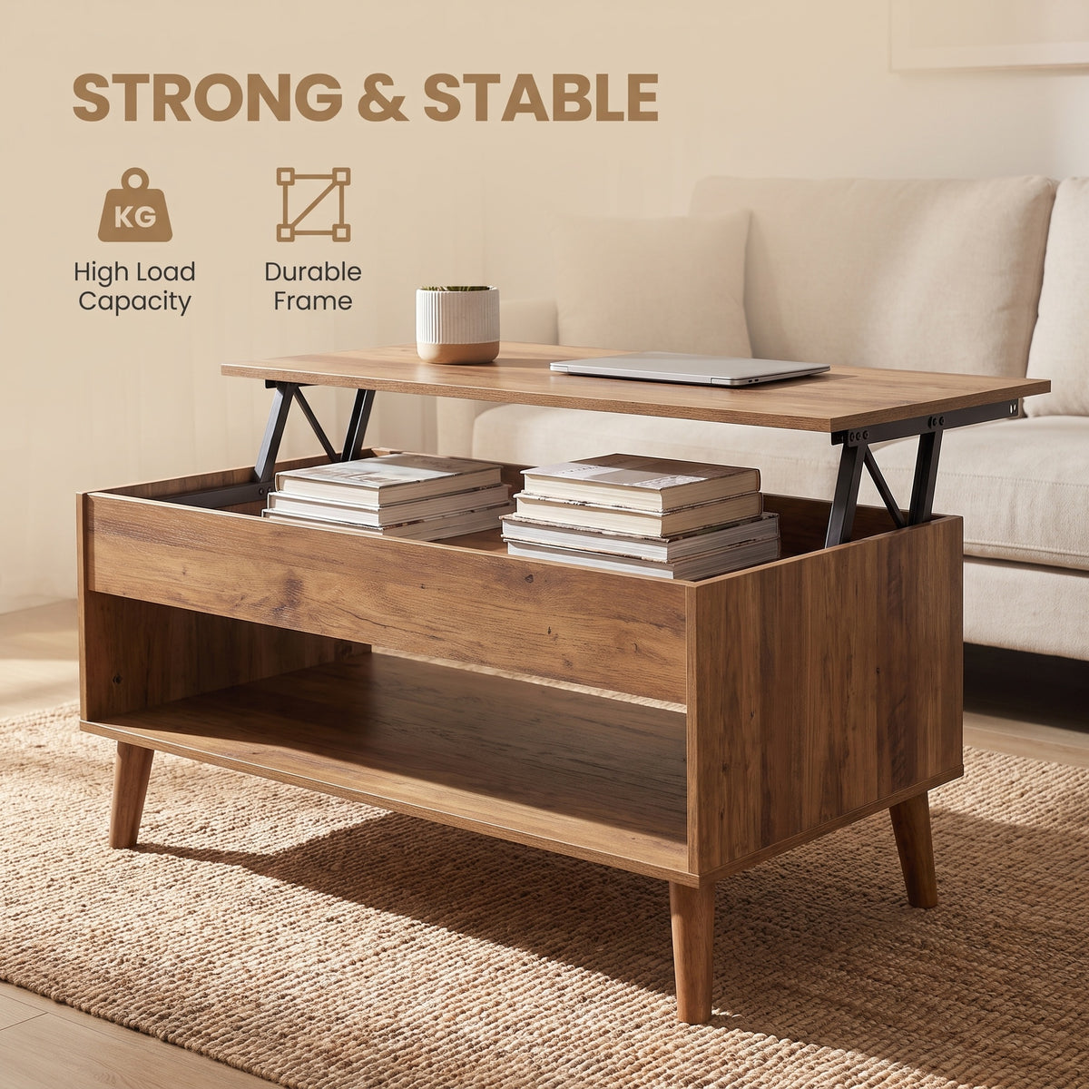 Rising Desktop Coffee Table, Gas Spring Lift Mechanism, Hidden Underseat Storage & Bottom Shelf, for Living Room Office, Honey Brown