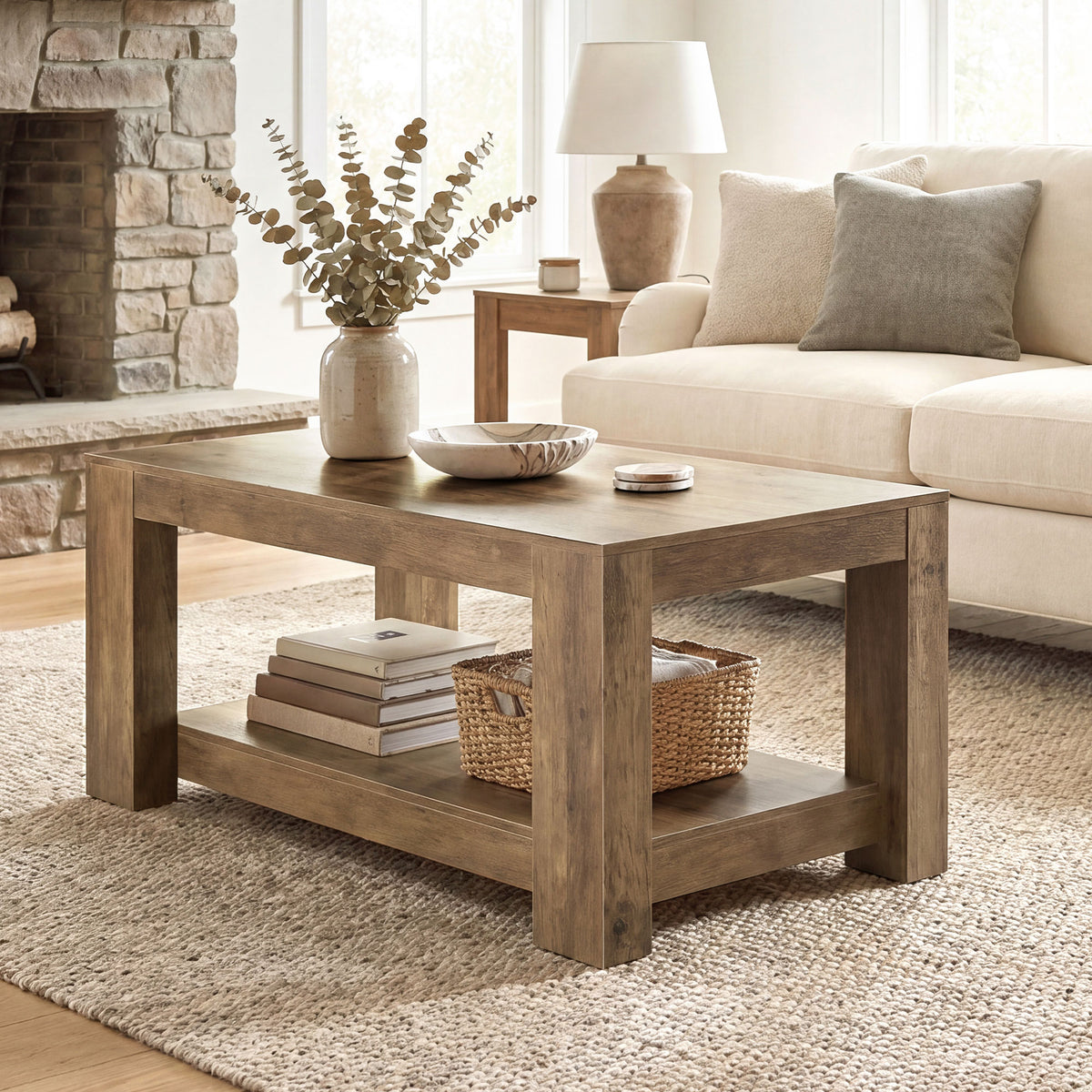2-Tier Coffee Table, Center Table with Open Storage, Particleboard, 39.4" Wide, for Living Room, Warm Brown – Koni Collection