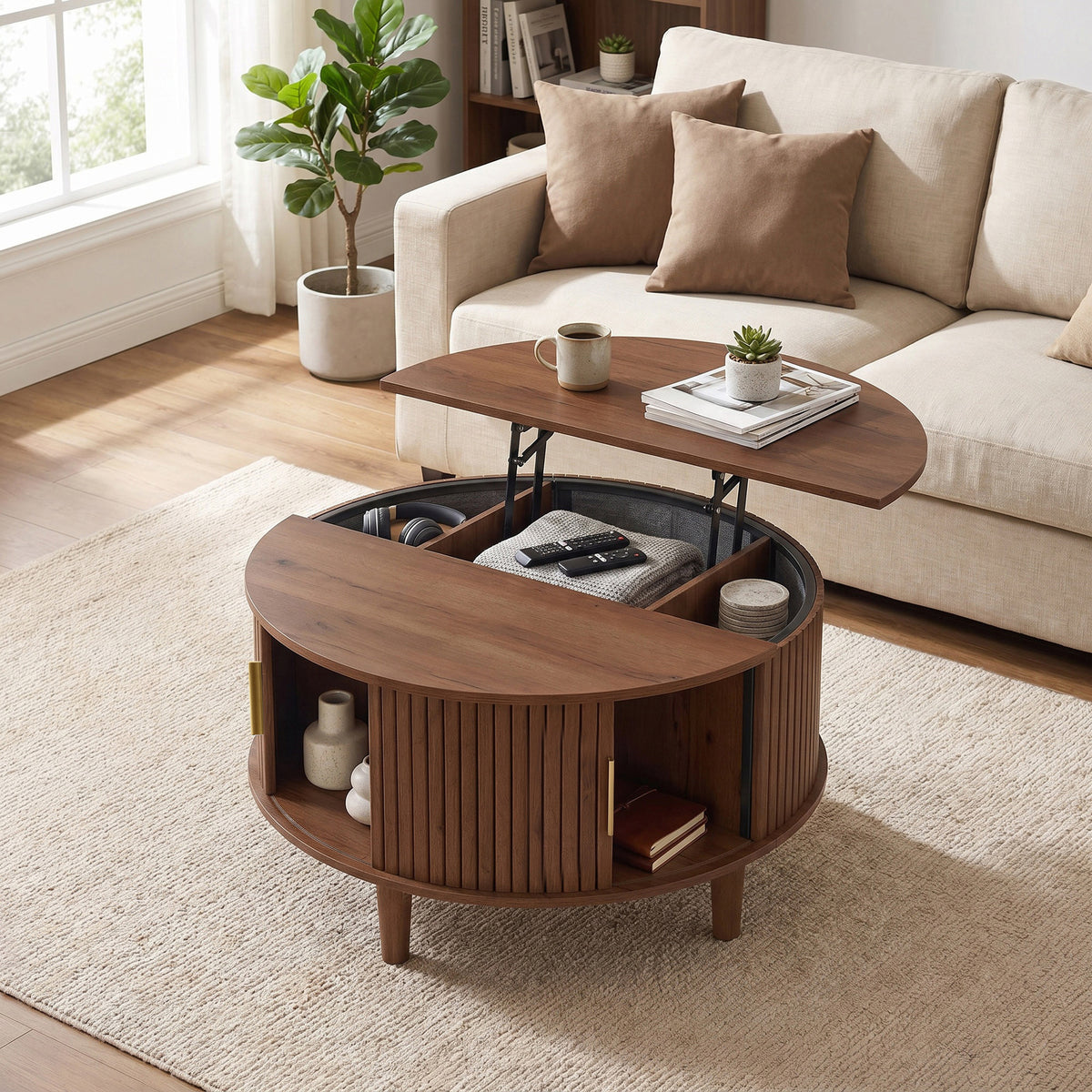Round Lift Top Coffee Table with Hidden Storage, Mid-Century Modern Fluted Wood, 31.5 x 31.5 x 17.7 Inches, Tan