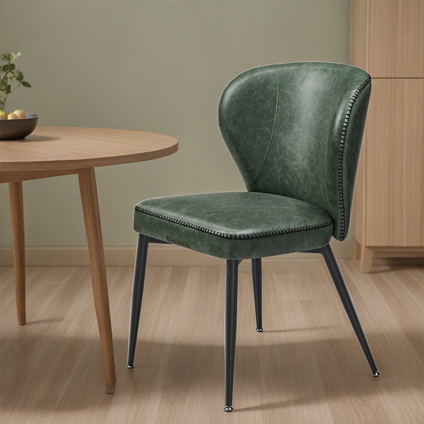Set of 2 Mid-Century Modern Dining Chairs, Upholstered Synthetic Leather Seats with 265 lb Capacity, Forest Green