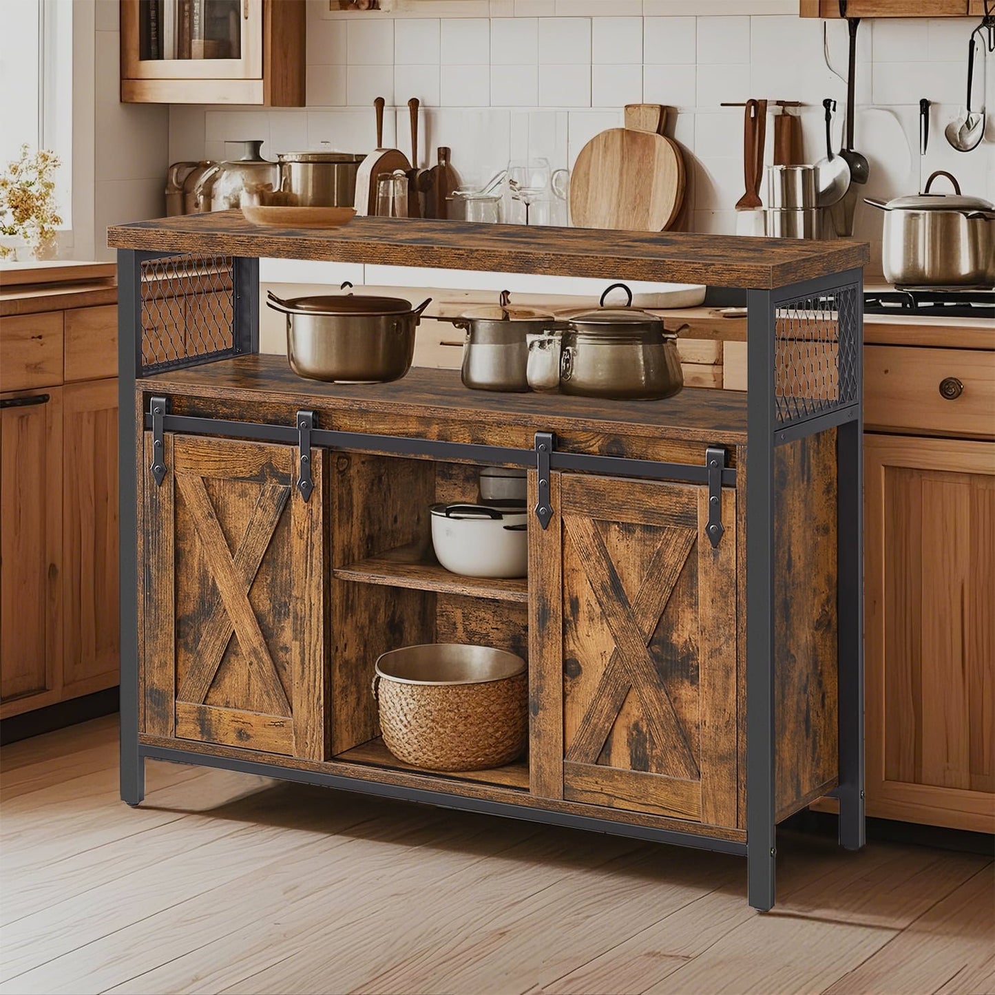 Industrial Coffee Bar Cabinet - 39.4" Sideboard with 2 Sliding Barn Doors & Adjustable Shelves, Rustic Brown and Black