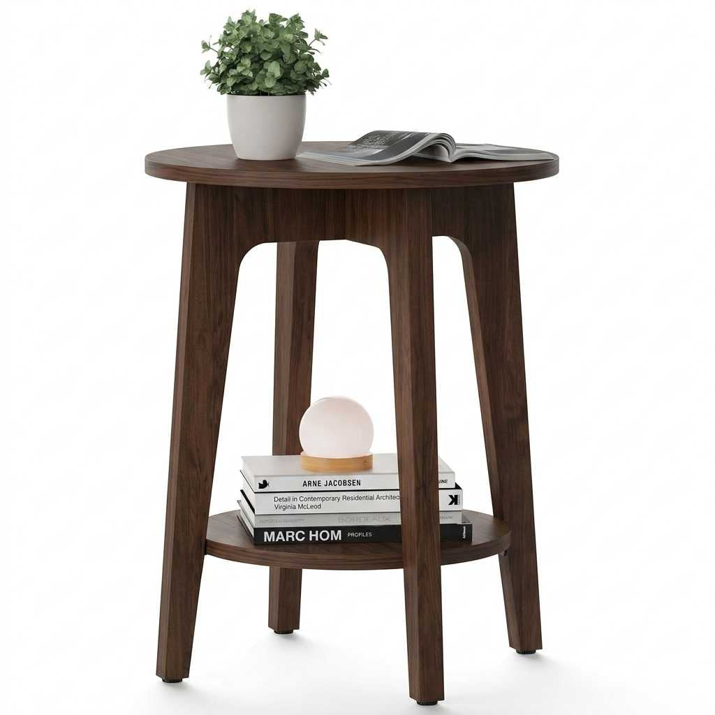 LEDREM Round Side Table 2-Tier Small End Table 15.7 x 15.7 x 19.7 Inches Tan