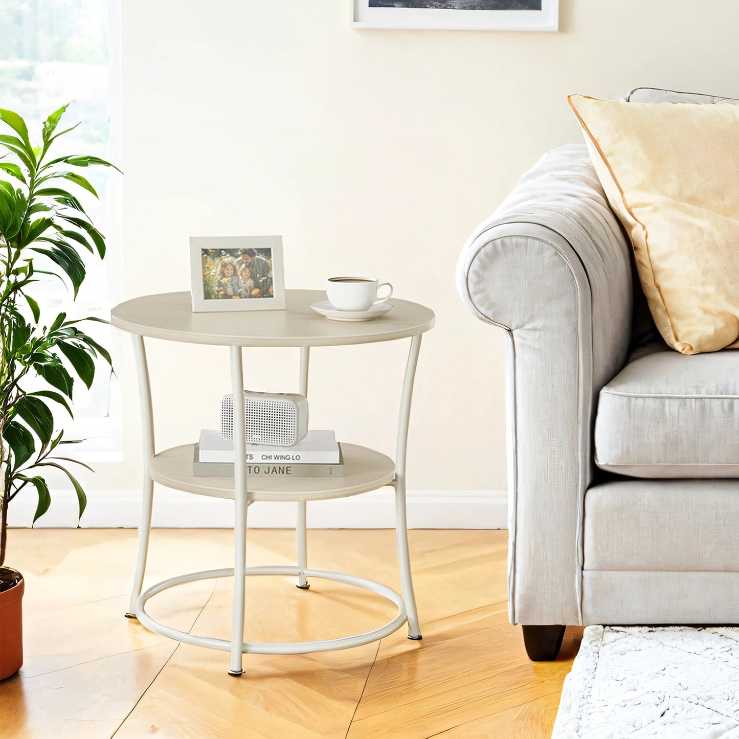 2-Tier Round Side Table, 21.7 Inch End Table with Steel Frame for Small Spaces, Natural Beige