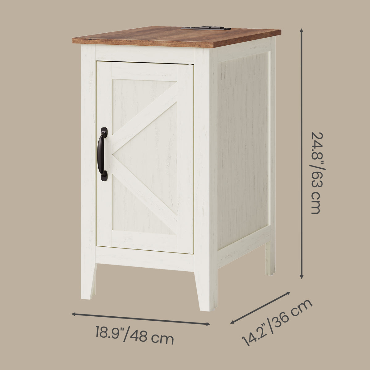 LEDREM End Table with Charging Station, Narrow Bedside Table with Storage Cabinet, 14.2 x 18.9 x 24.8 Inches, Rustic White and Honey Brown