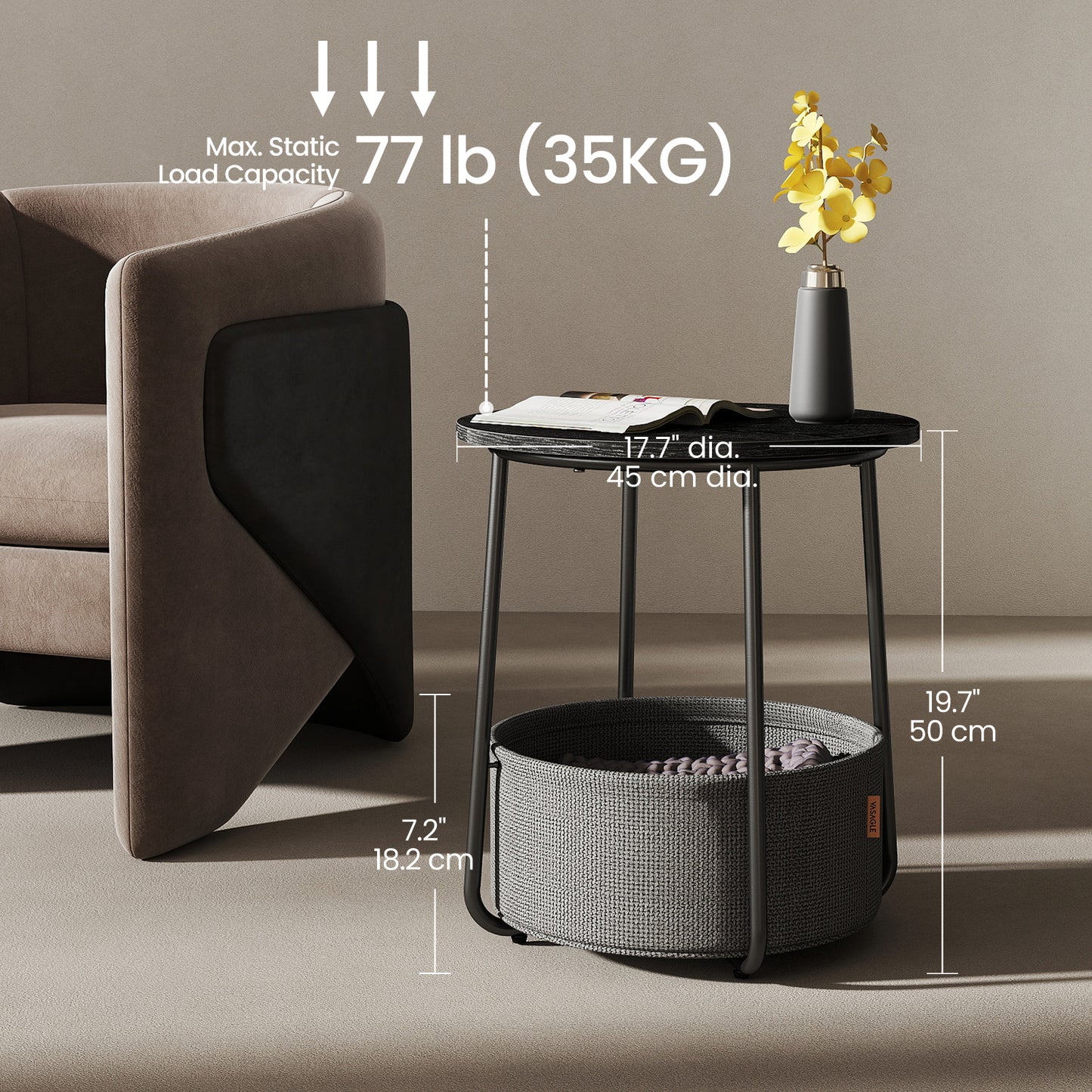 Round End Table with Fabric Storage Basket, Modern Nightstand or Side Table for Bedroom & Living Room, Sturdy Particleboard Top & U-Shaped Legs, Ebony Black,Slate Gray