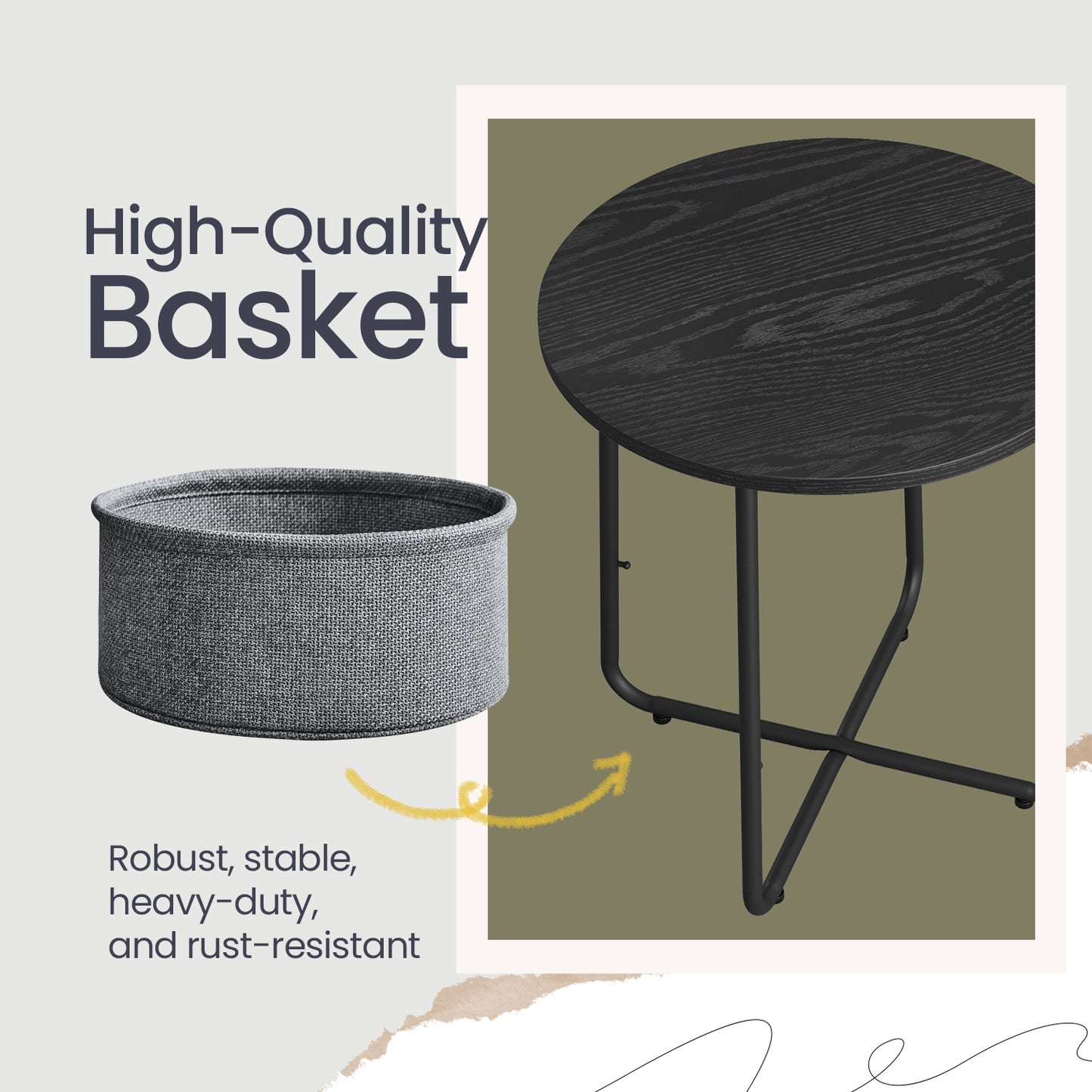 Round End Table with Fabric Storage Basket, Modern Nightstand or Side Table for Bedroom & Living Room, Sturdy Particleboard Top & U-Shaped Legs, Ebony Black,Slate Gray