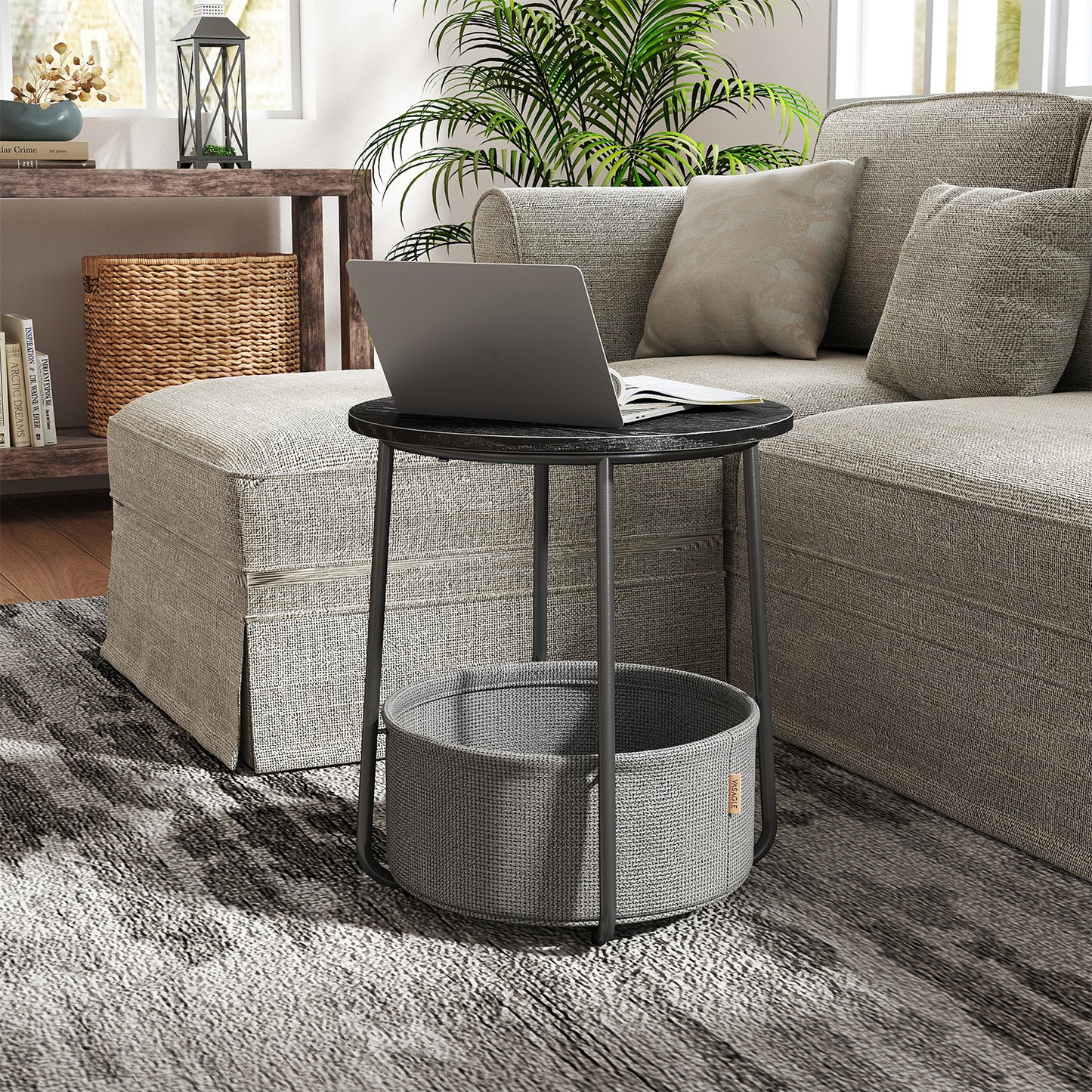 Round End Table with Fabric Storage Basket, Modern Nightstand or Side Table for Bedroom & Living Room, Sturdy Particleboard Top & U-Shaped Legs, Ebony Black,Slate Gray
