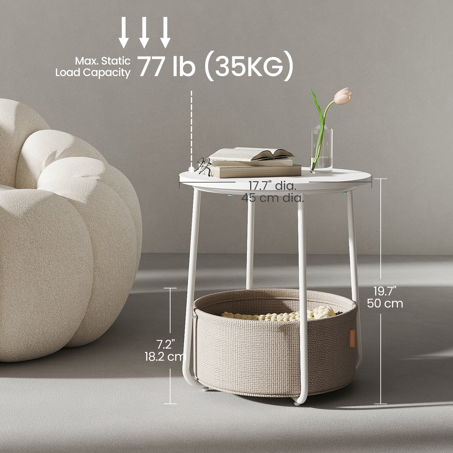 Round End Table with Fabric Storage Basket, Modern Nightstand, Sturdy Particleboard Top & U-Shaped Legs, for Bedroom,Living Room, White & Brown