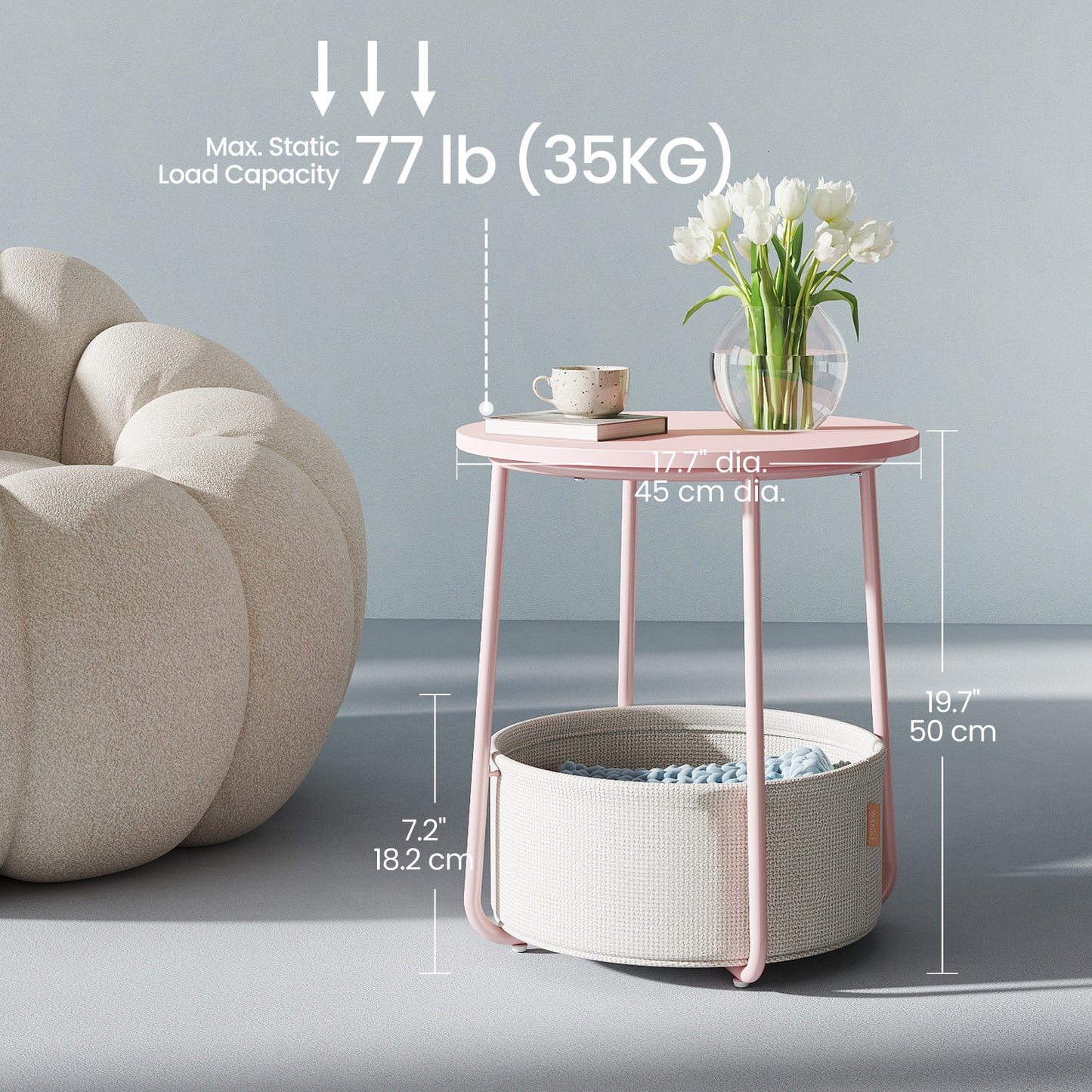 Round End Table with Fabric Storage Basket, Modern Nightstand or Side Table, Sturdy Particleboard Top & U-Shaped Steel Legs, Quick Assembly, for Living Room & Bedroom, Jelly Pink and Cream White