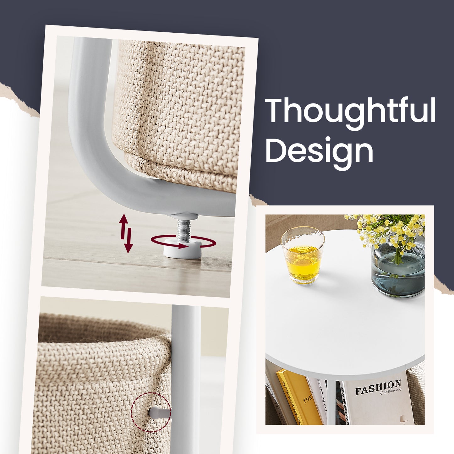 Round End Table with Fabric Storage Basket, Modern Nightstand, Sturdy Particleboard Top & U-Shaped Legs, for Bedroom,Living Room, White & Brown