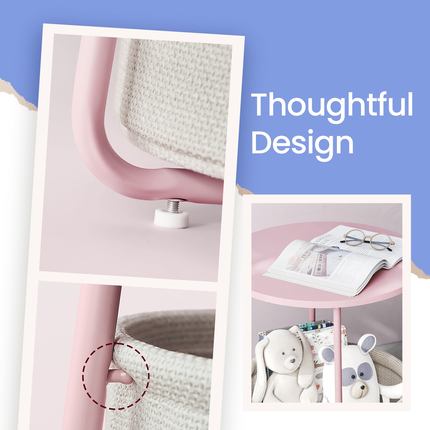 Round End Table with Fabric Storage Basket, Modern Nightstand or Side Table, Sturdy Particleboard Top & U-Shaped Steel Legs, Quick Assembly, for Living Room & Bedroom, Jelly Pink and Cream White
