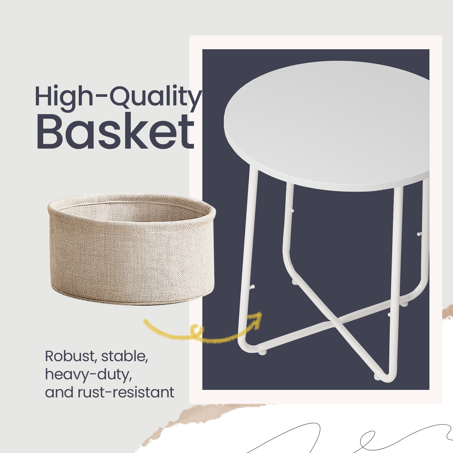 Round End Table with Fabric Storage Basket, Modern Nightstand, Sturdy Particleboard Top & U-Shaped Legs, for Bedroom,Living Room, White & Brown