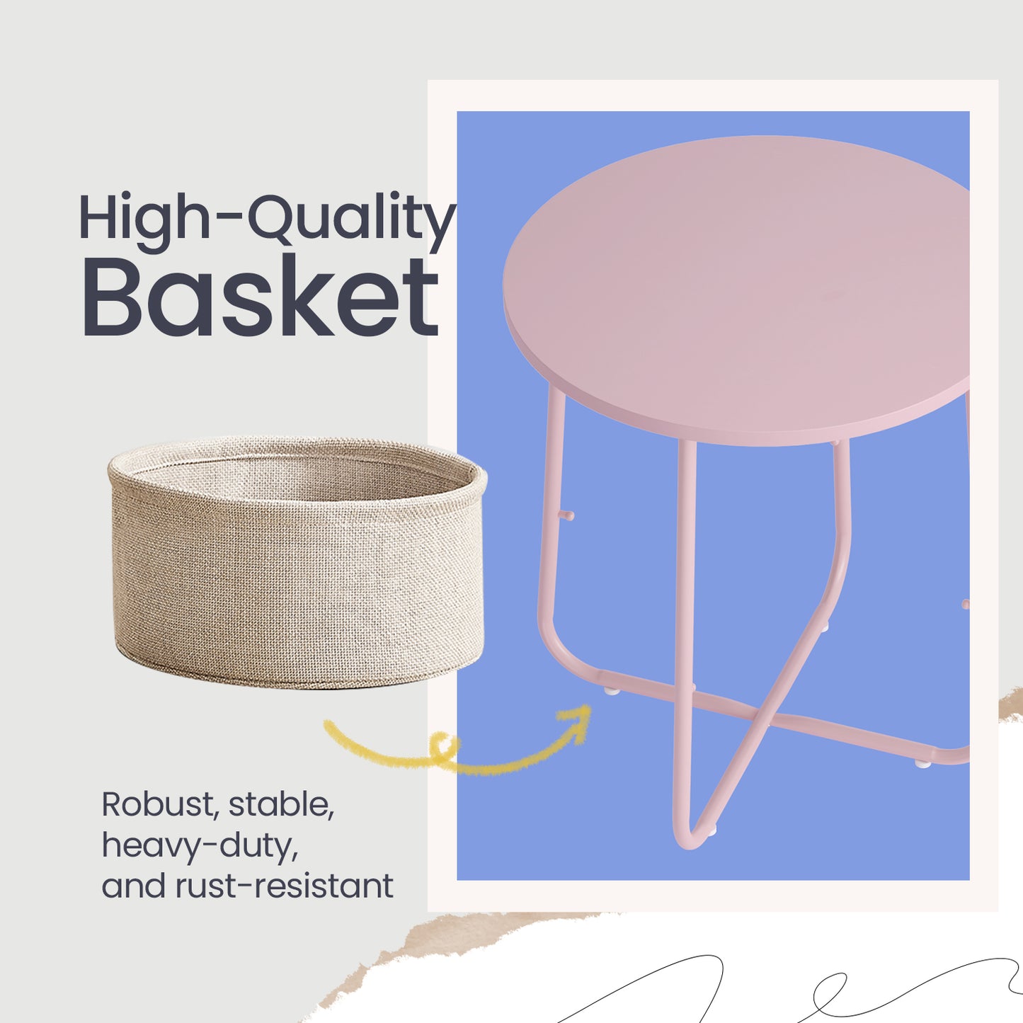 Round End Table with Fabric Storage Basket, Modern Nightstand or Side Table, Sturdy Particleboard Top & U-Shaped Steel Legs, Quick Assembly, for Living Room & Bedroom, Jelly Pink and Cream White