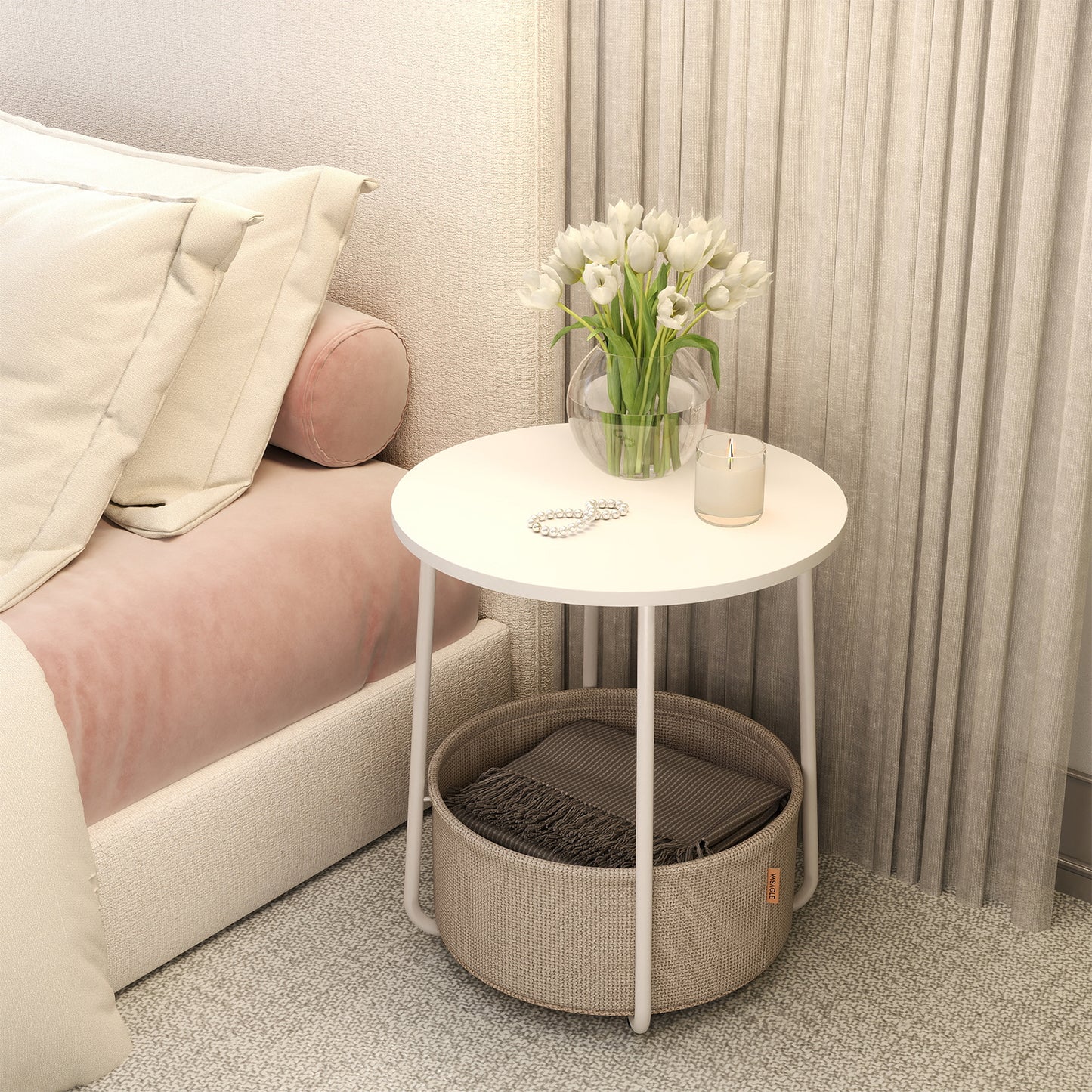 Round End Table with Fabric Storage Basket, Modern Nightstand, Sturdy Particleboard Top & U-Shaped Legs, for Bedroom,Living Room, White & Brown