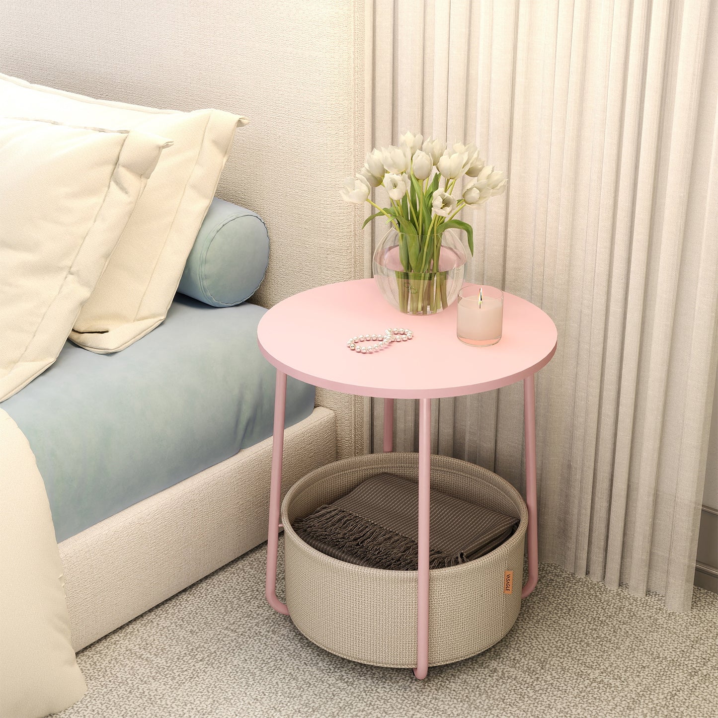 Round End Table with Fabric Storage Basket, Modern Nightstand or Side Table, Sturdy Particleboard Top & U-Shaped Steel Legs, Quick Assembly, for Living Room & Bedroom, Jelly Pink and Cream White