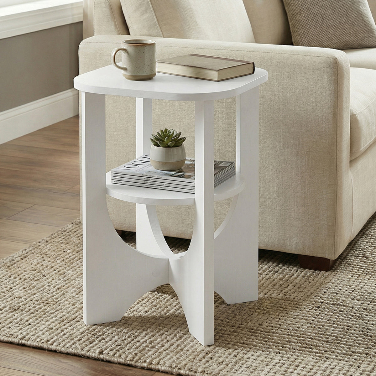 2 Tier Small Side End Table, Nightstand with Lower Shelf for Small Spaces, Living Room, Bedroom, White