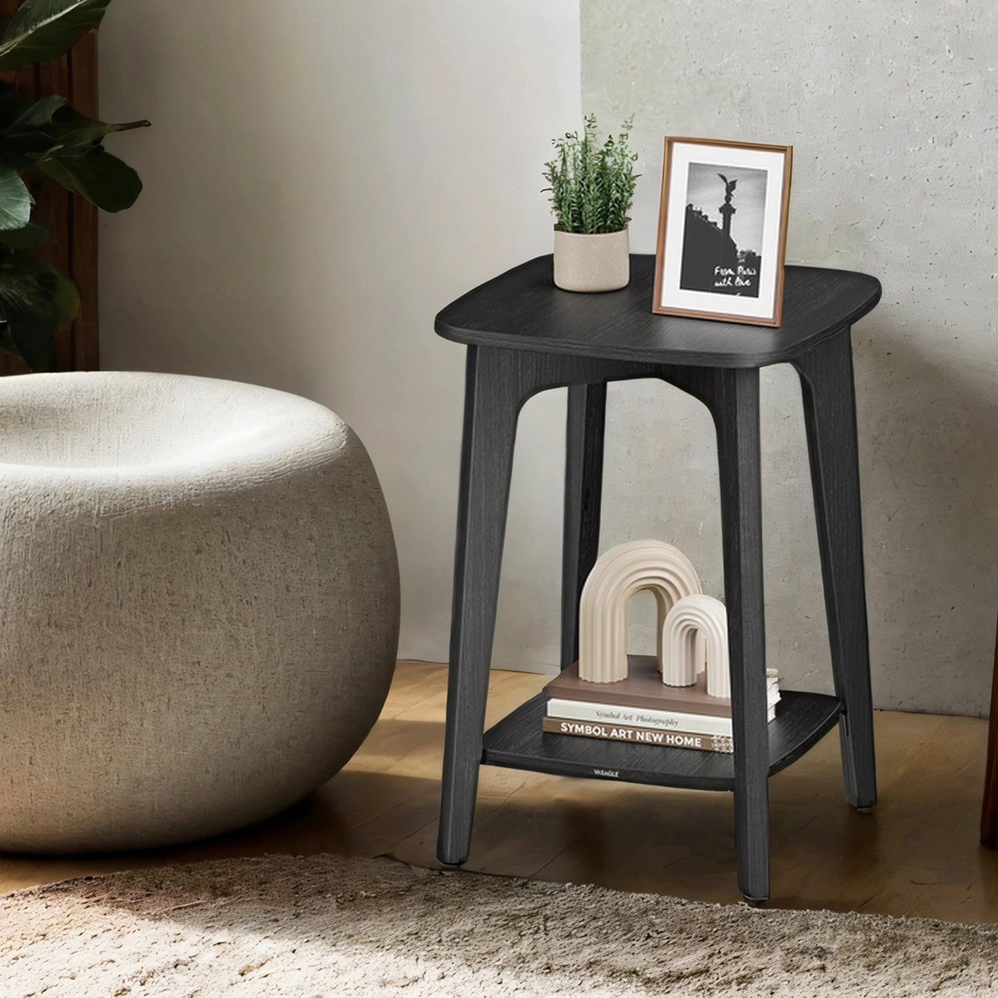 Modern Square Side Table with Lower Shelf, Space-Saving 2-Tier End Table, Nightstand, 15.7" Small Accent Table, Charcoal Gray