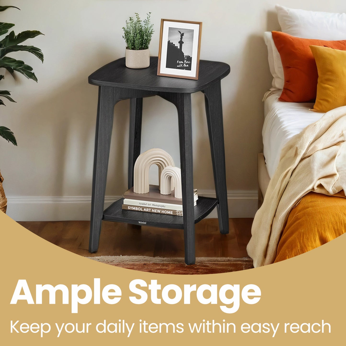 Modern Square Side Table with Lower Shelf, Space-Saving 2-Tier End Table, Nightstand, 15.7" Small Accent Table, Charcoal Gray