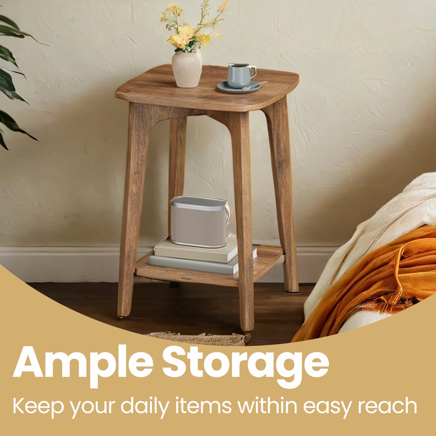 Modern Square Side Table with Lower Shelf, 2-Tier Small Space End Table, Nightstand, 15.7" Compact Accent Table, Honey Brown