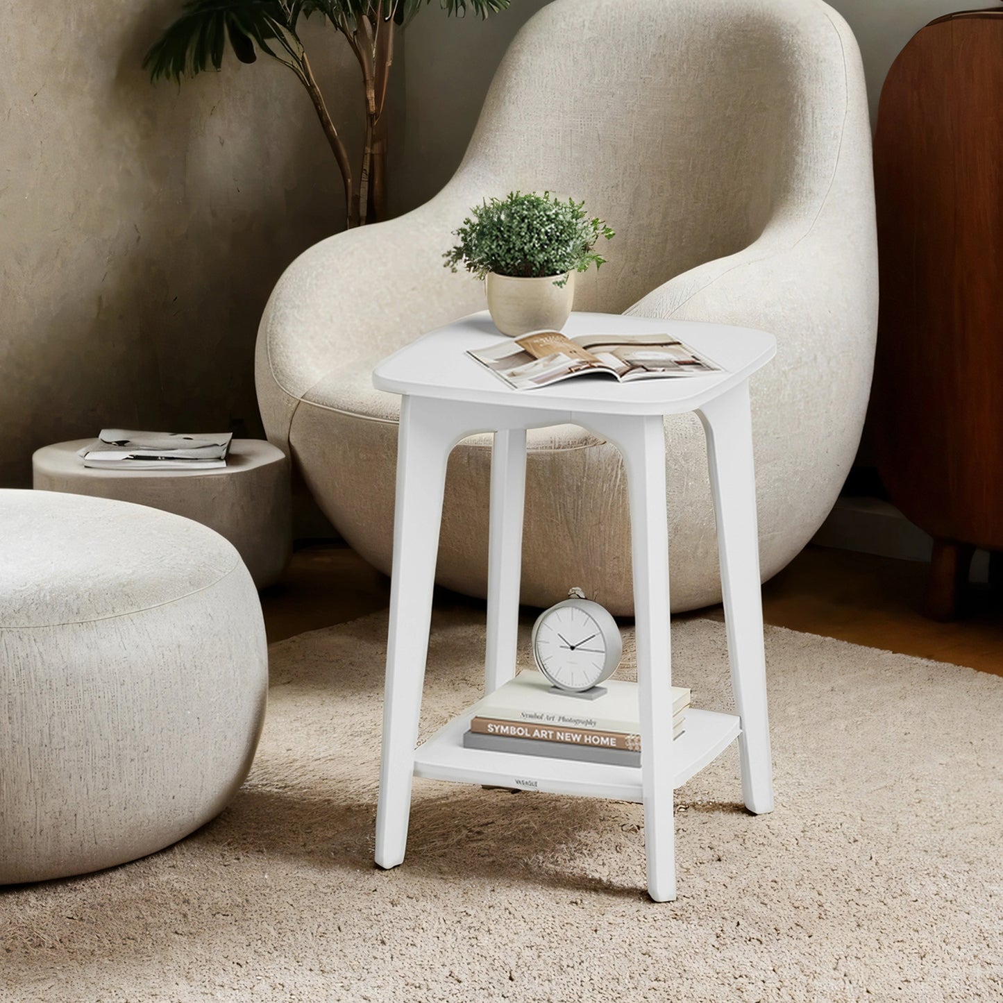 Modern Square Side Table with Lower Shelf, 2-Tier Space-Saving End Table, Nightstand, 15.7" Compact Accent Table, Cloud White
