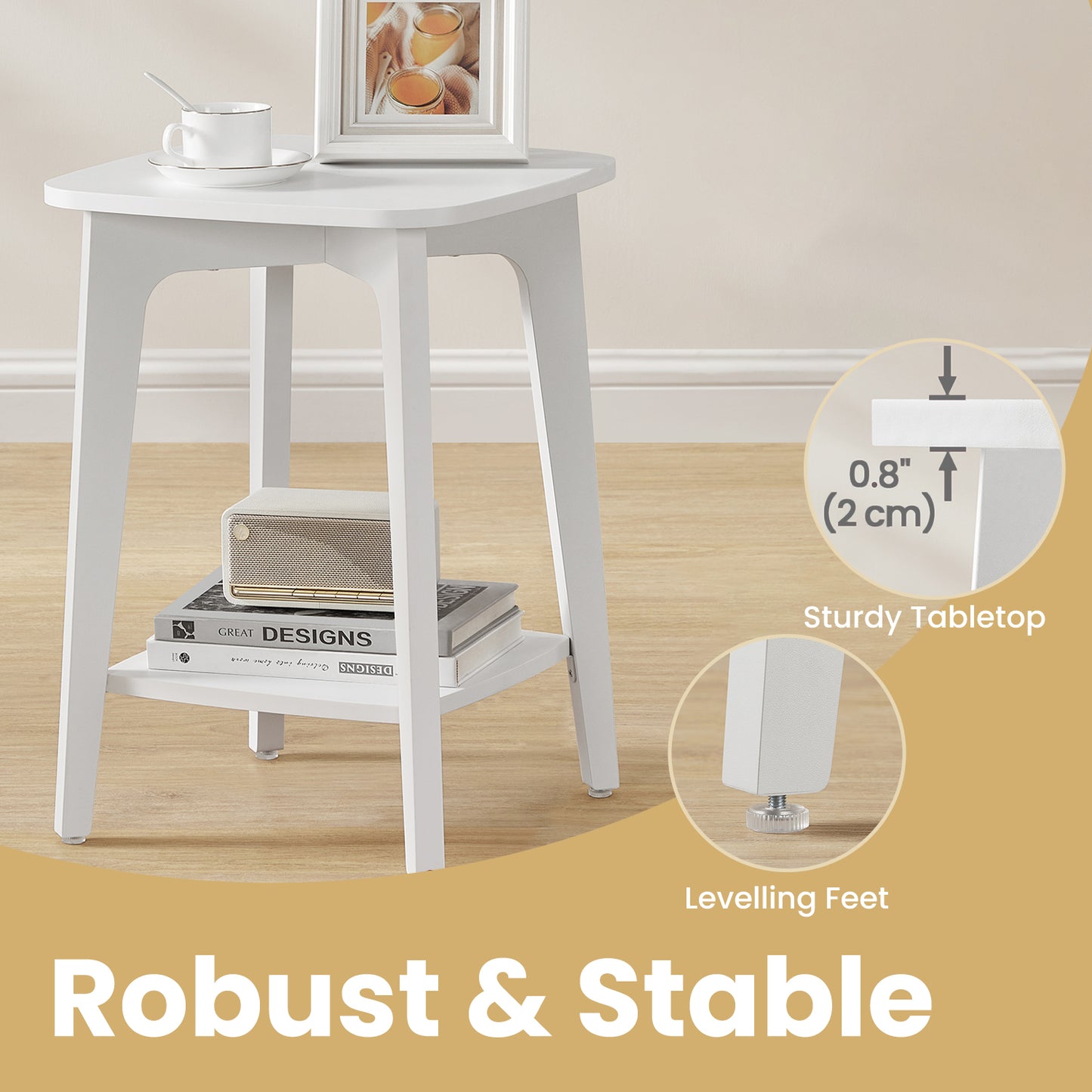 Modern Square Side Table with Lower Shelf, 2-Tier Space-Saving End Table, Nightstand, 15.7" Compact Accent Table, Cloud White