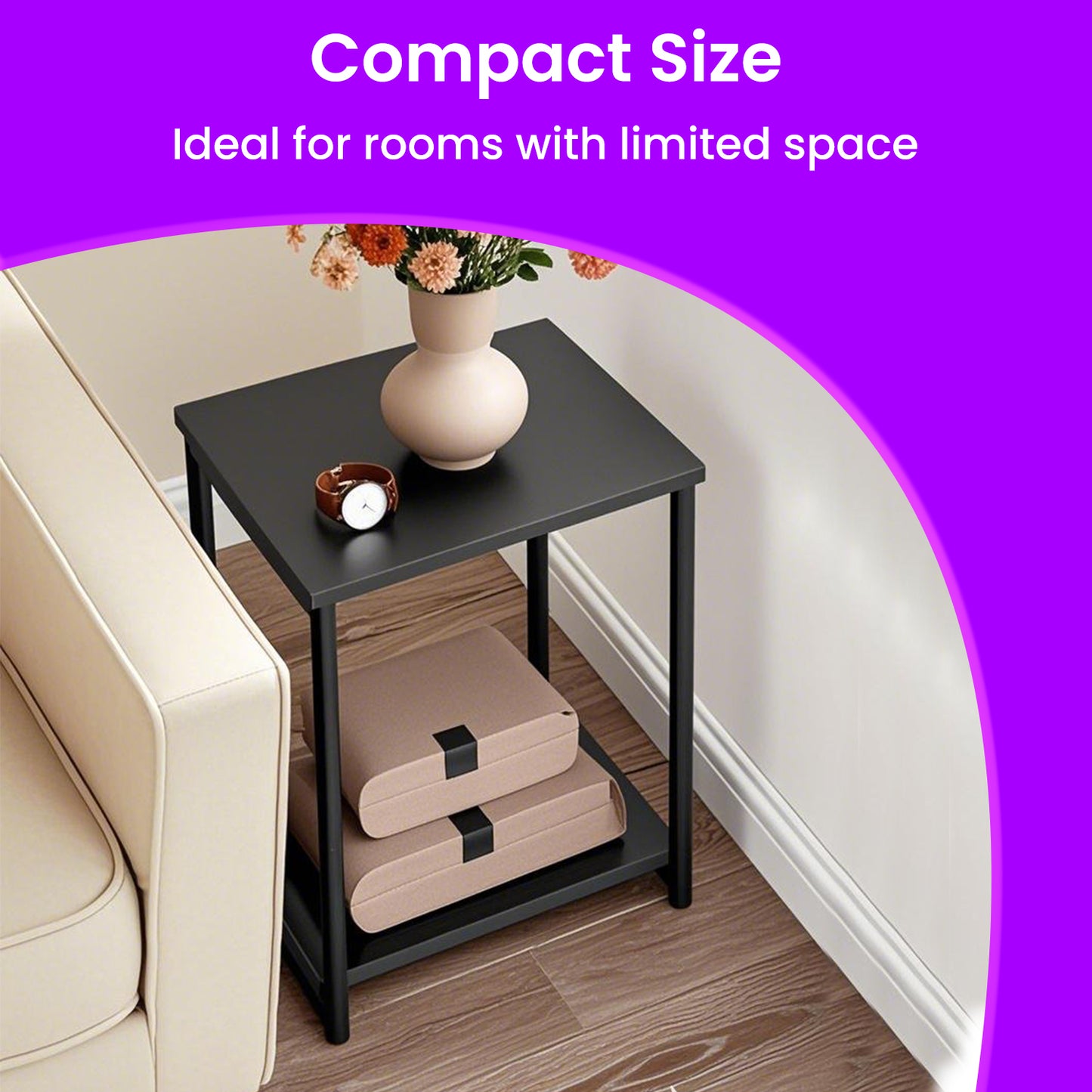 Side Tables Set of 2, Slim Industrial End Tables with Storage Shelf, Sturdy Steel Frame & Particleboard, Multi-Use for Living Room, Bedroom, Office, Black